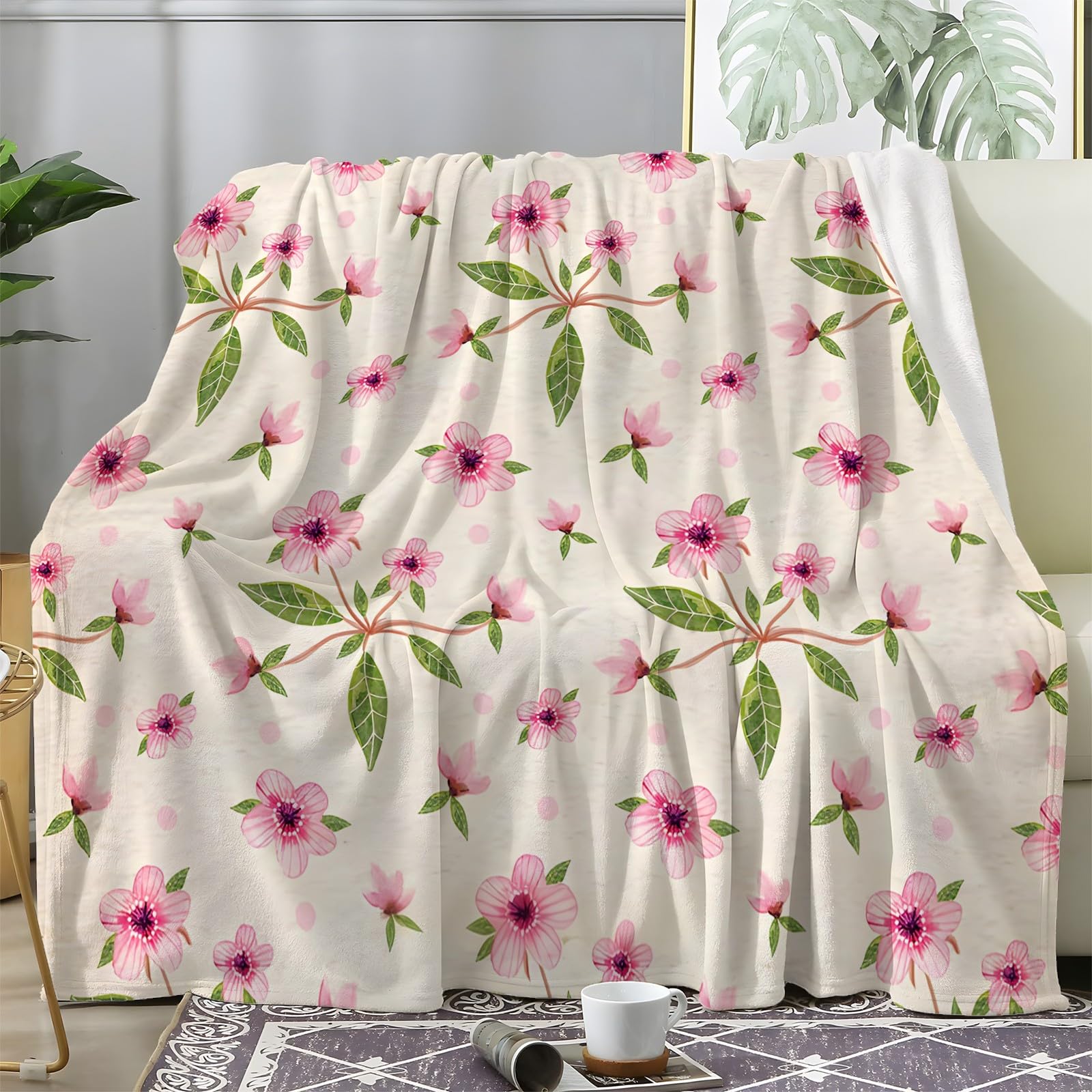 Plaid polaire 150x200 cm en flanelle motif fleurs de cerisier pour canapé et lit double 1 personne
