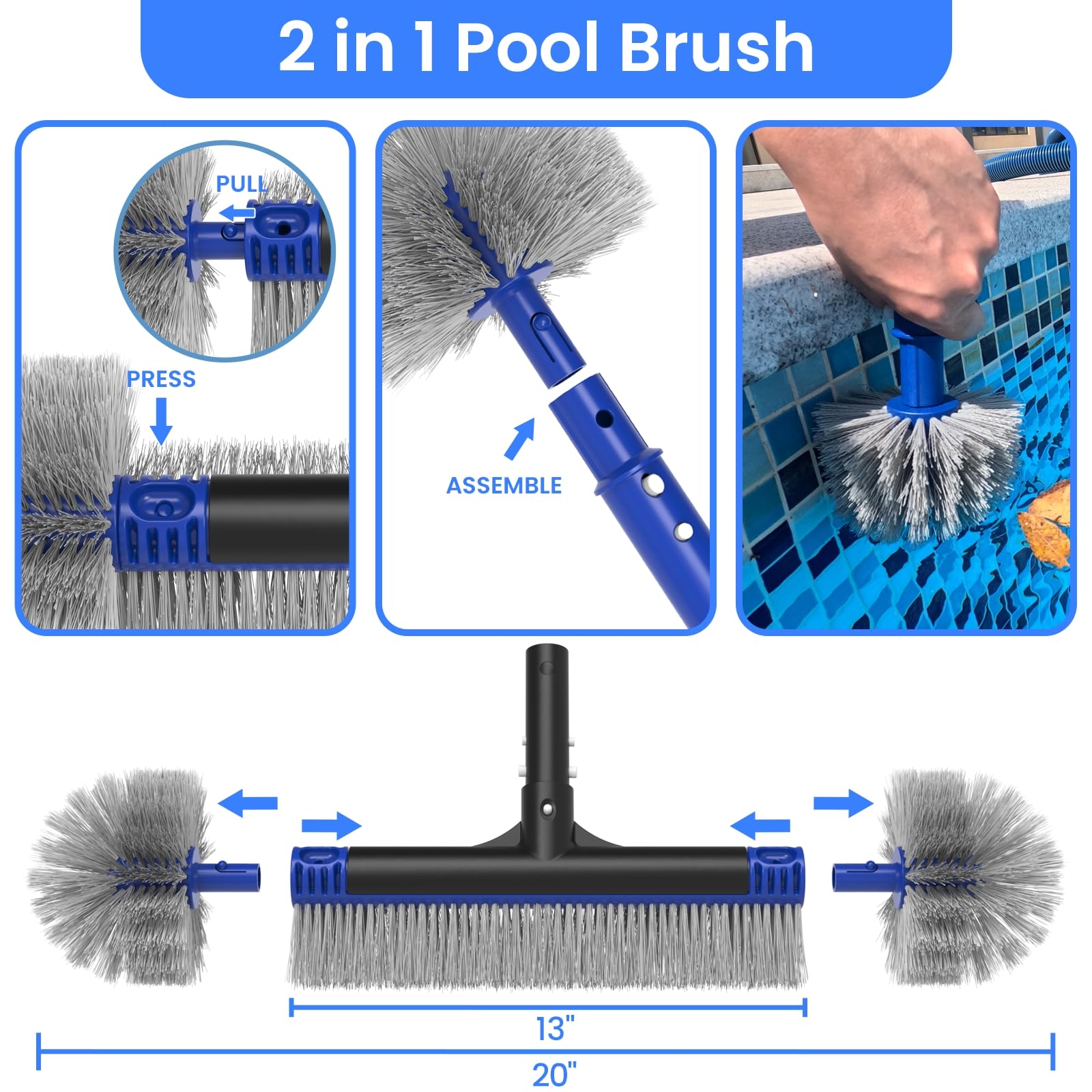 Poolvio Deluxe zestaw do czyszczenia basenu łącznie z siatką na skimmer, szczotką basenową 2 w 1 i obciążoną głowicą próżniową z kółkami do basenów naziemnych i inground (bez drążka)