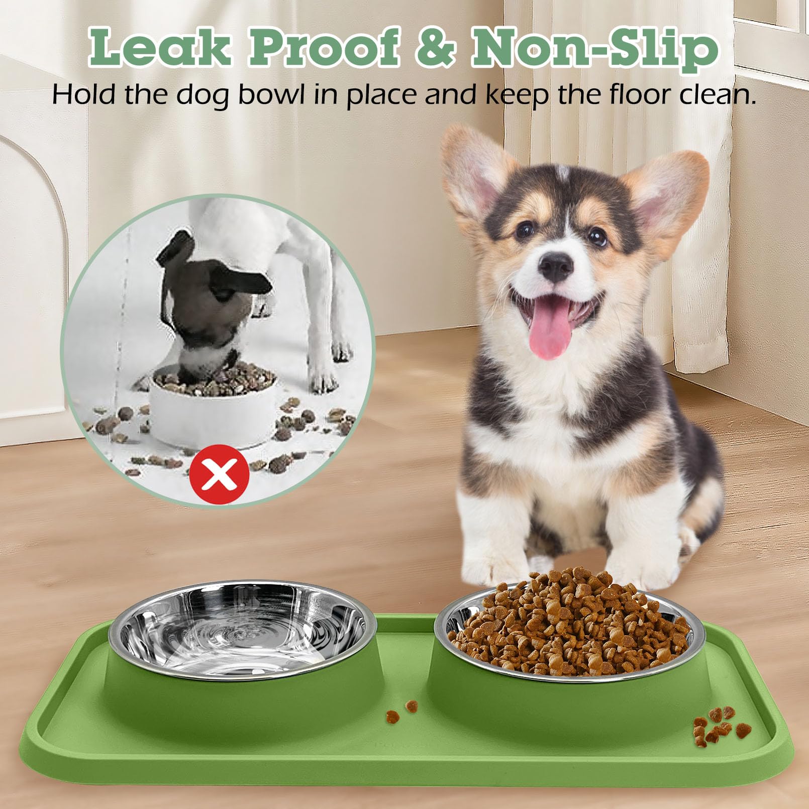 BNOSDM Lot de 2 gamelles doubles en acier inoxydable avec tapis en plastique anti-déversement pour chiot, chat, chaton (rose et vert foncé)