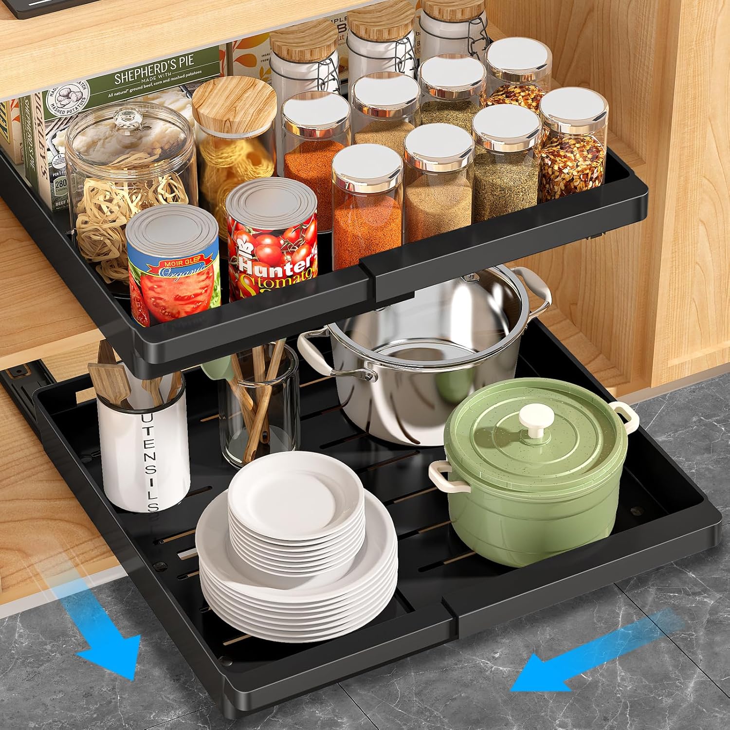 2 Pack Pull Out Cabinet Organizers Expandable (13''-19''), Slide Out Drawers for Kitchen, Bathroom, Pantry, Under Sink Storage, Pull Out Drawers Fixed with Adhesive Nano Film (Black) Black 20.8"D x 13"~19"W(2Pack)