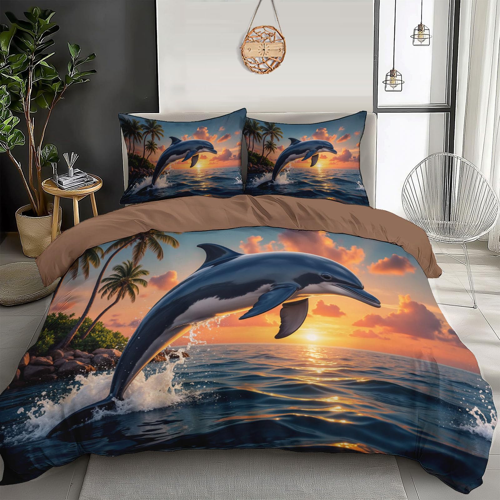 Parure de lit coucher de soleil 240x260 cm avec dauphins pour chambre d'enfant