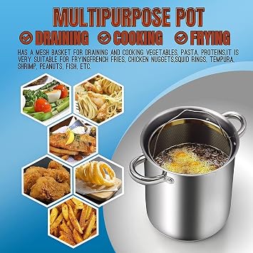 Cook N Home Basics 4-Quart Deep Fryer Pot with Basket, Japanese Tempura Small Stainless Steel Frying Pot with Oil Drip Drainer Rack, Glass Lid, Suitable for Kitchen French Fries, Chicken