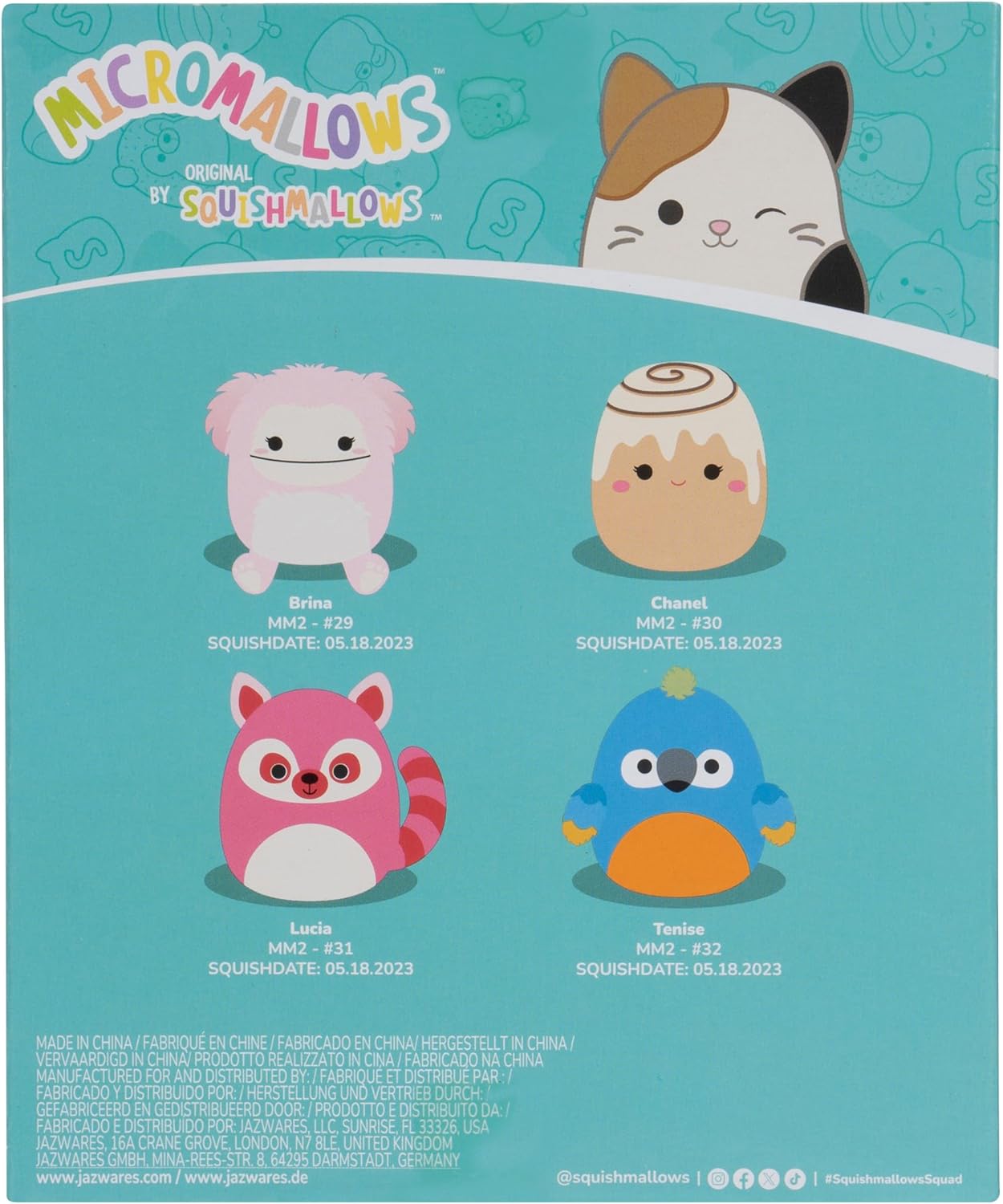 Squishmallows Micromallows Original Micromallows 4-Pack – Brina Bigfoot, Chanel Cinnamon Roll, Lucia Lemur, Tenise Parrot