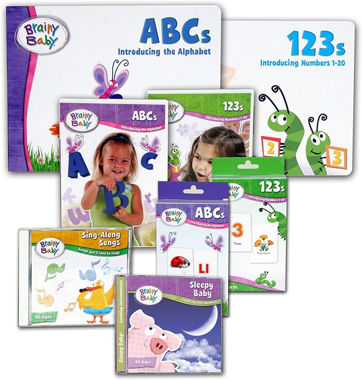 Brainy Baby ABCs and 123s Preschool Board Books, Videos, Flashcards, and Music CDs - Learning for a Lifetime™ 8 Piece Set