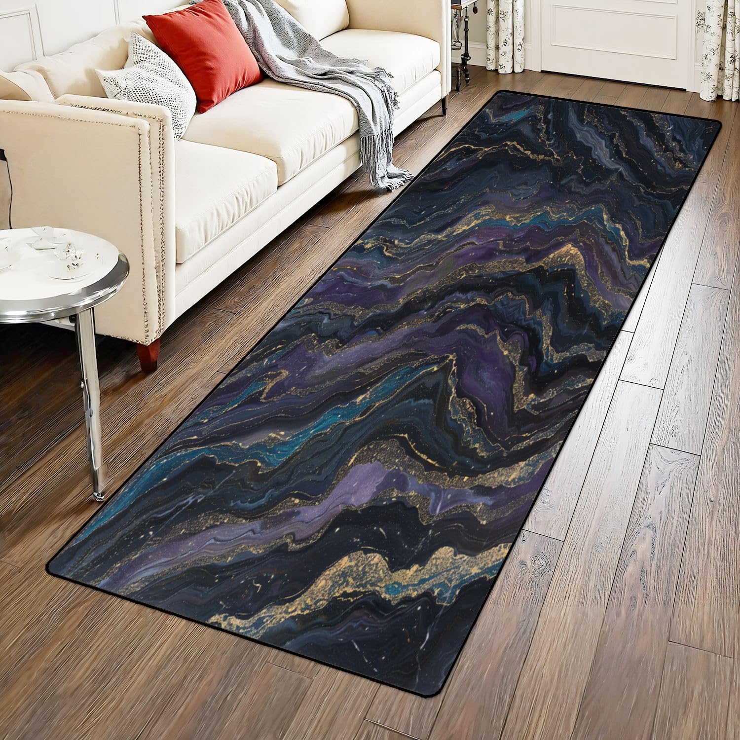 FUIENCFKE Runner Rug 2x6 Intricate Abstract Marble Art Dark Purple Gold Blue Washable Area Runner Rug Bathroom Rugs Kitchen Mats for Floor Door Mat