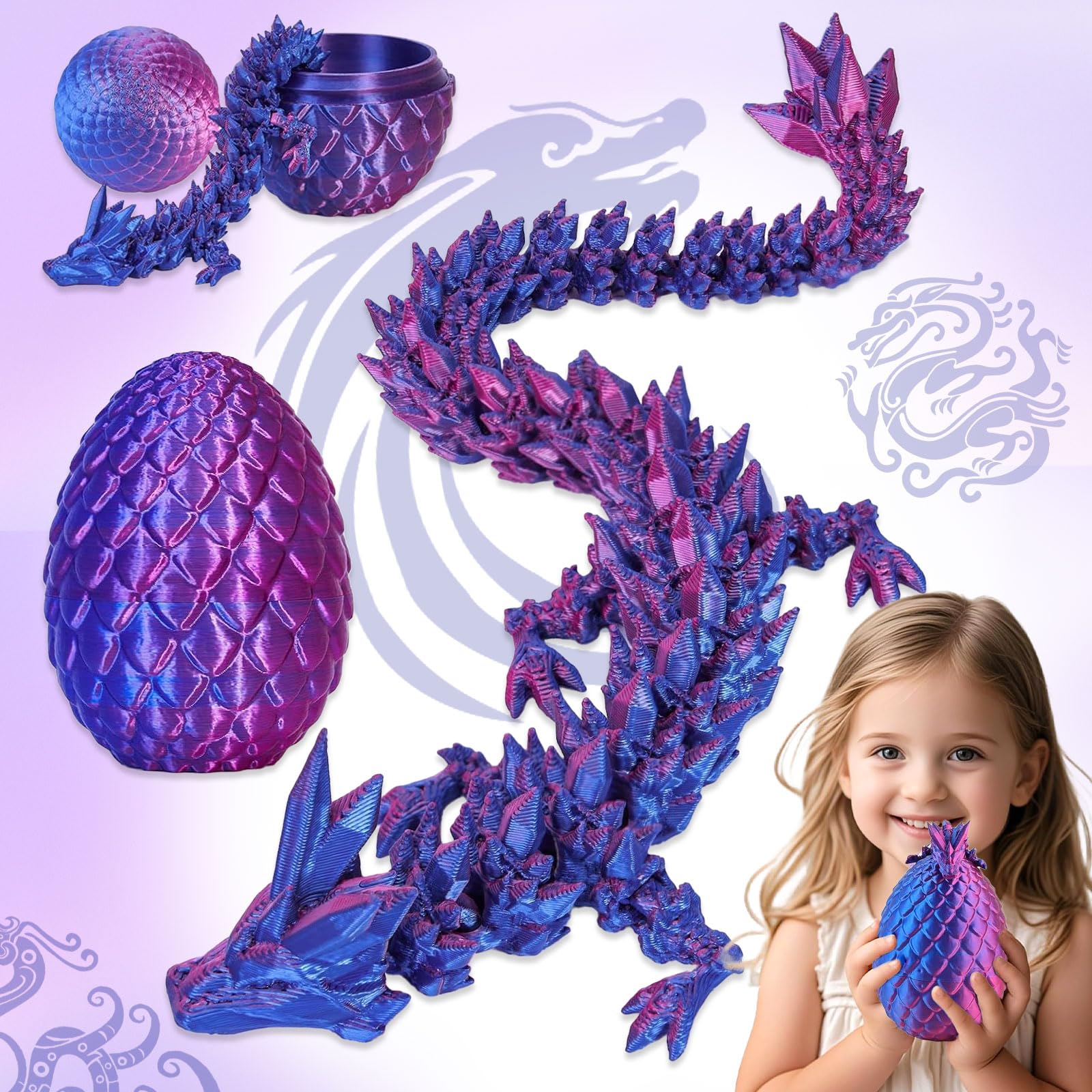 Benaton 3D Printed Dragon, Realistic Realistic Movable Dragon Figures, Articulated Crystal Dragon Fidget Toys, Crystal Dragon, For Home Decoration For Kids Room Living Room (Laser Purple)