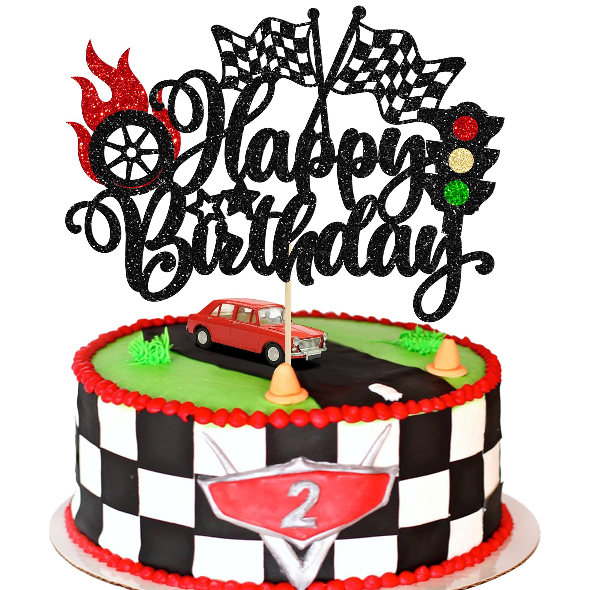 Decorazione Per Torta Auto Da Corsa Con Semaforo E Bandiera - Topper Compleanno A Tema Sportivo - Multicolore