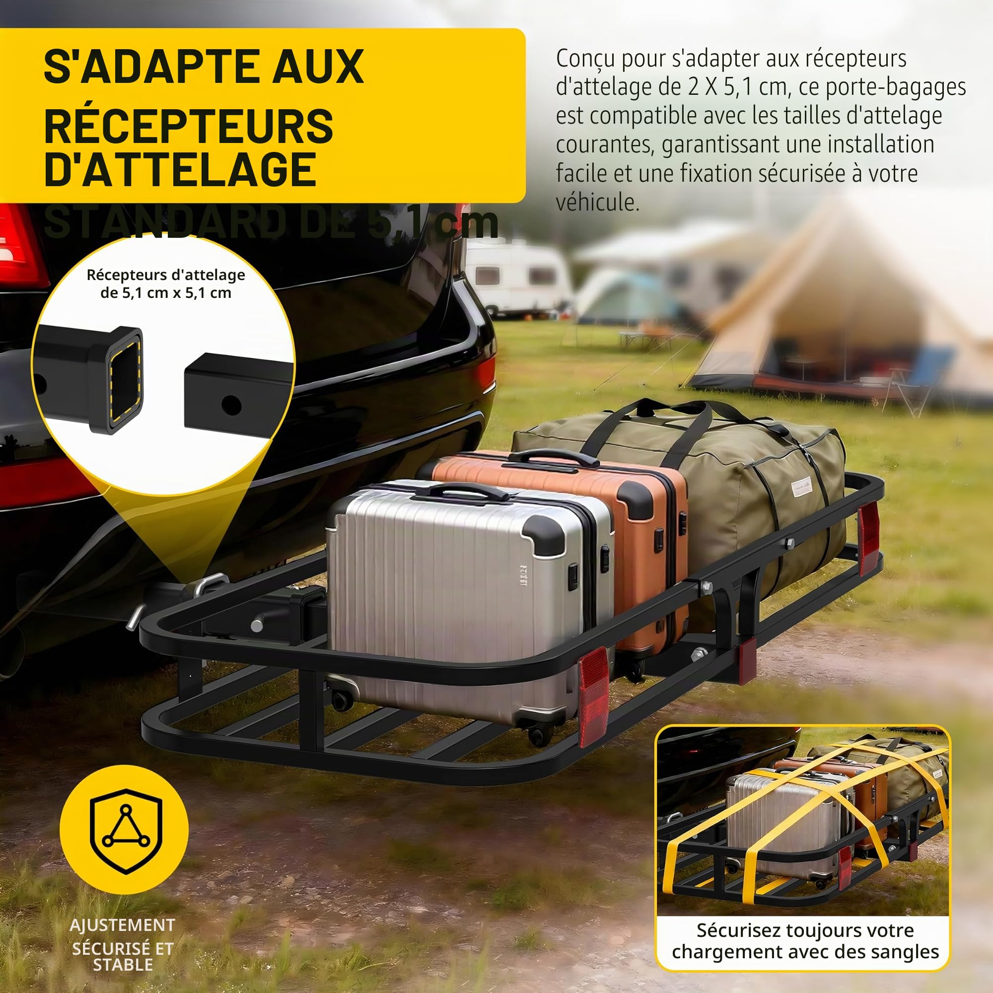 MAXXHAUL 70107 Porte-Bagages attelage en Acier avec Rails latéraux Hauts pour Camping-Car, camions, SUV, camionnettes, Voitures, capacité de Charge de 227 kg, 135 x 49 cm, Noir