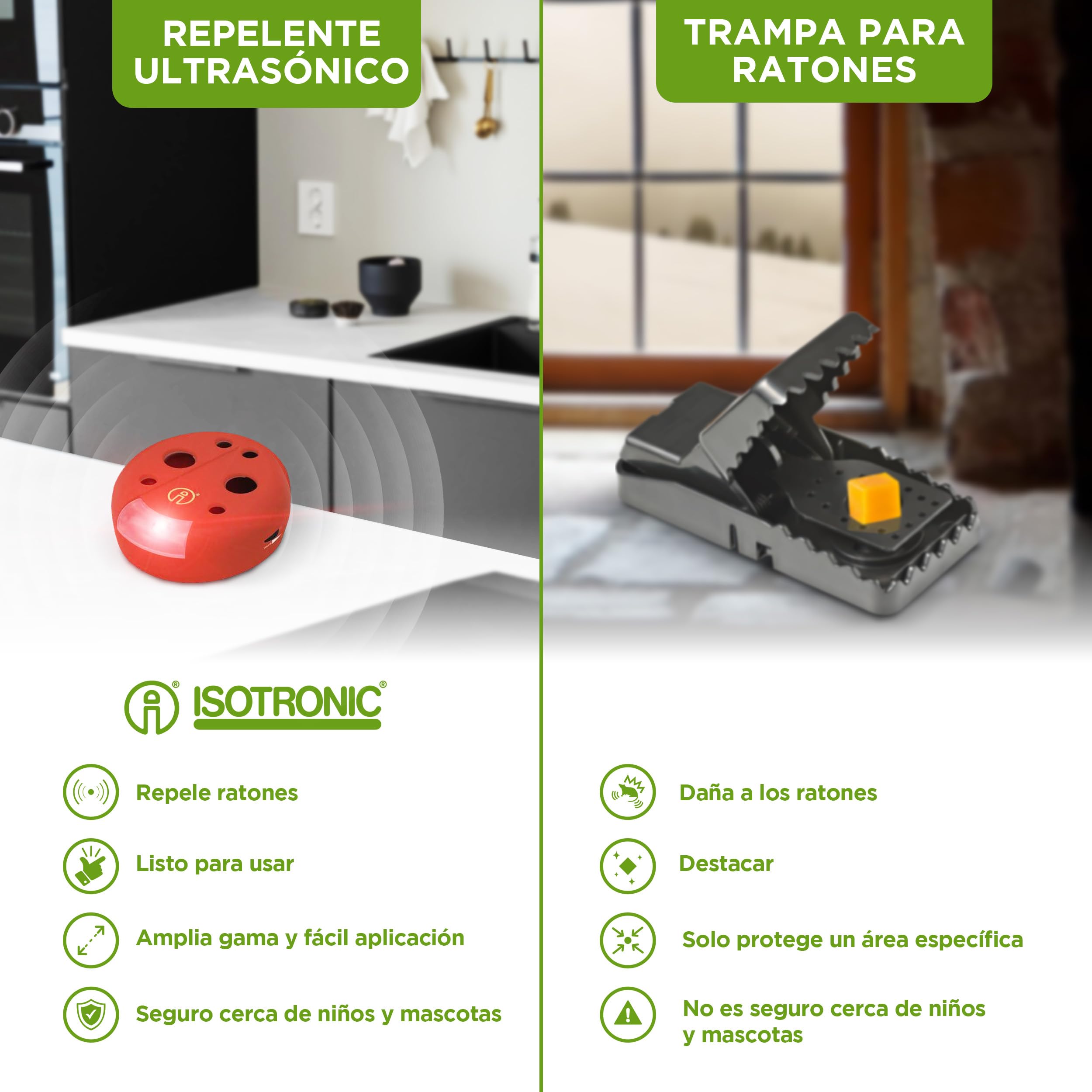 ISOTRONIC Repelente ultrasónico para Ratones y Ratas: Repelente de plagas con luz LED y Control de Volumen; disuasivo para Ratones sin Veneno ni trampas; Alcance Efectivo de 30 m² (4 Unidades).