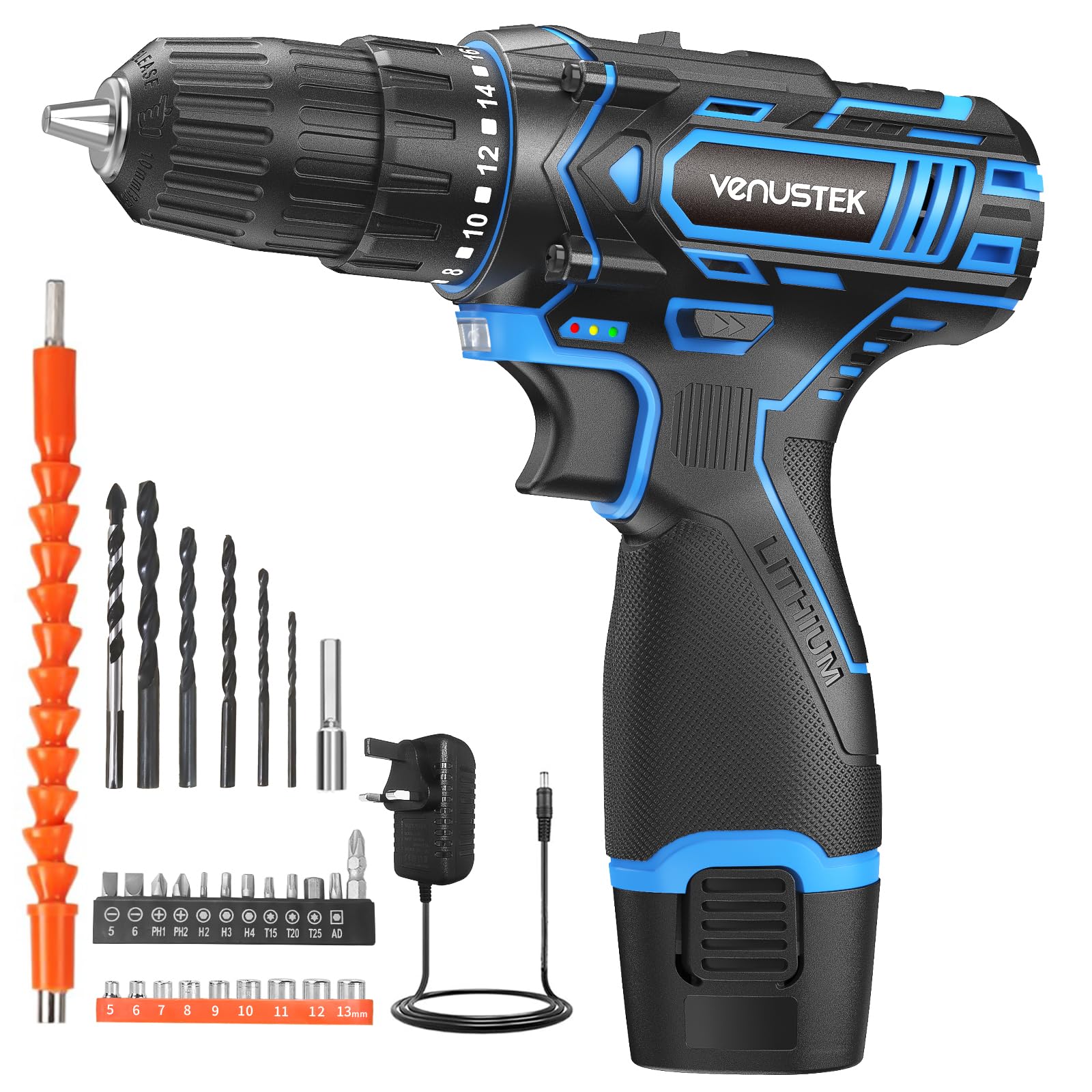 VENUSTEK Cordless Drill Set, 12V Power Drill with 2.0Ah Battery and 2-Speed, 30Nm Torque, 25+1 Clutch Settings, 3/8" Keyless Chuck, Combi Electric Drill for Home DIY, Wood, Metal, Plastic Drilling