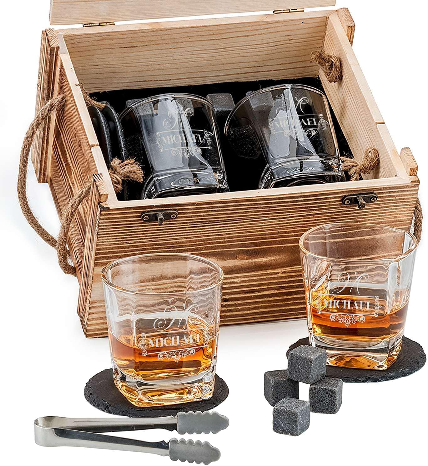 Custom Filigree Monogram Name 6 Options Whiskey Glass Gift Set 2 Glasses, 6 Granite Chilling Stones, Tongs & 2 Slate Coasters in Rustic Wood Crate – Scotch, Bourbon Lovers Gift