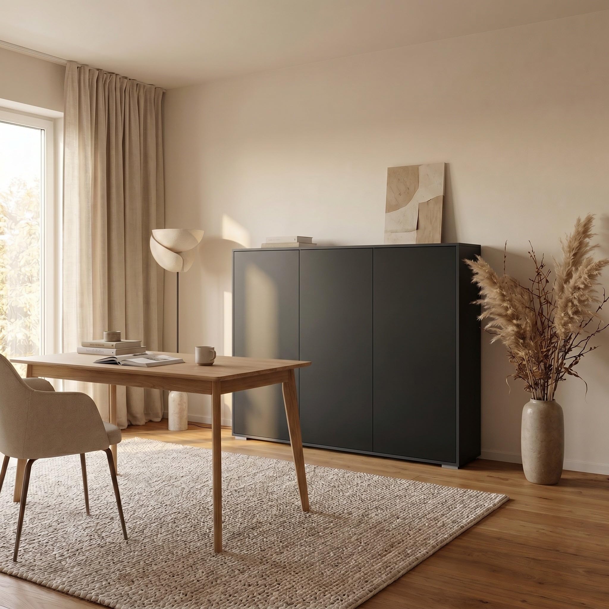 Highboard Elena M2, Aktenschrank mit Push-to-Open, Made in Germany, Moderner Schrank für Wohnzimmer Büro Anthrazit matt/Schwarz matt (152,5 x 118 x 37 cm)