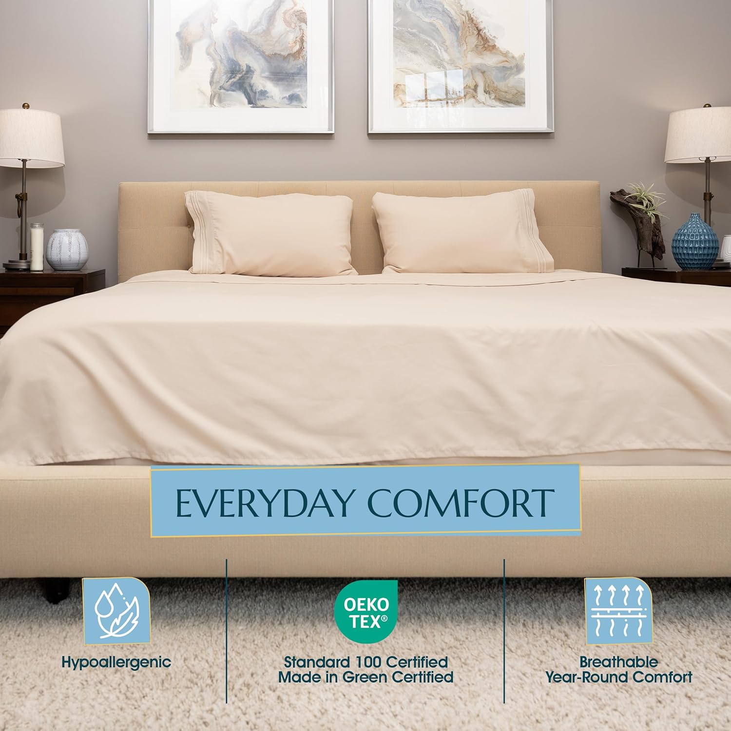 Stych & Loom Queen Sheet Set – 4-Piece Soft Microfiber Sheets Set with Flat & Fitted Sheets and 2 Pillowcases – Deep Pockets, Wrinkle Resistant, and Oeko-TEX Certified (Cream, Queen)