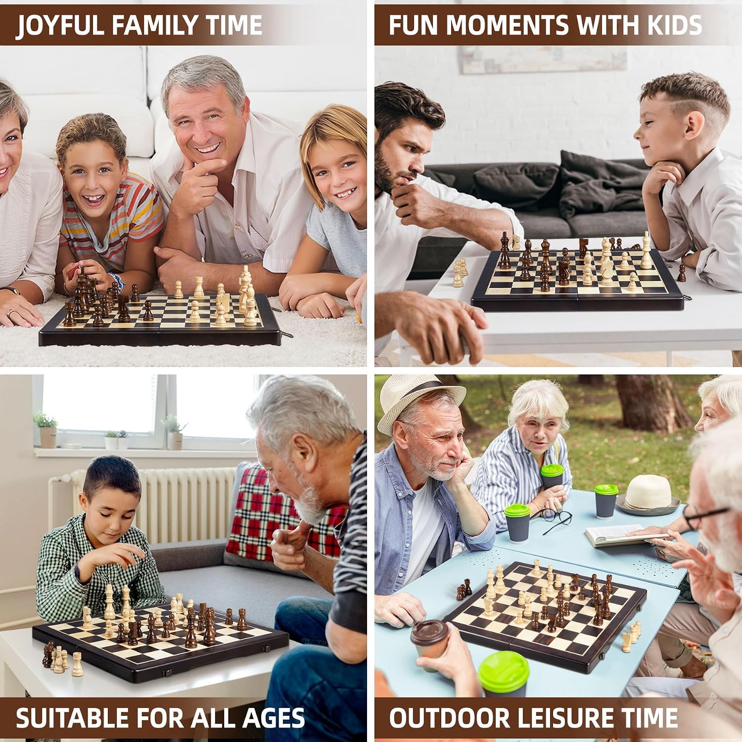 Wooden Chess Set, 15" Magnetic Chess Board – Foldable Travel Board Game & Checkers with Storage, 2 Extra Queens, Classic Game for Adults & Kids