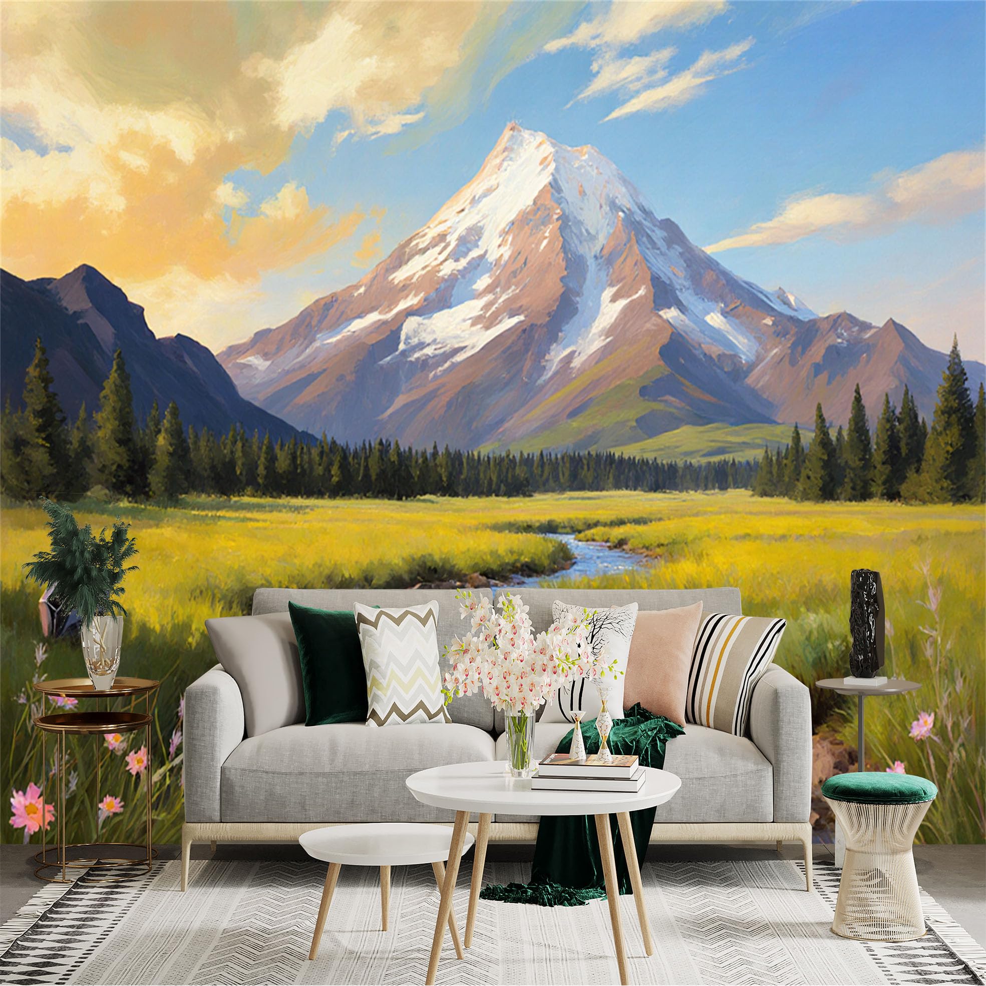 Custom Size Wall Sticker Mural， Snowy Mountain Landscape with River， Pine Forest and Meadow， for wall Decoration， peelandstick wall Decals.