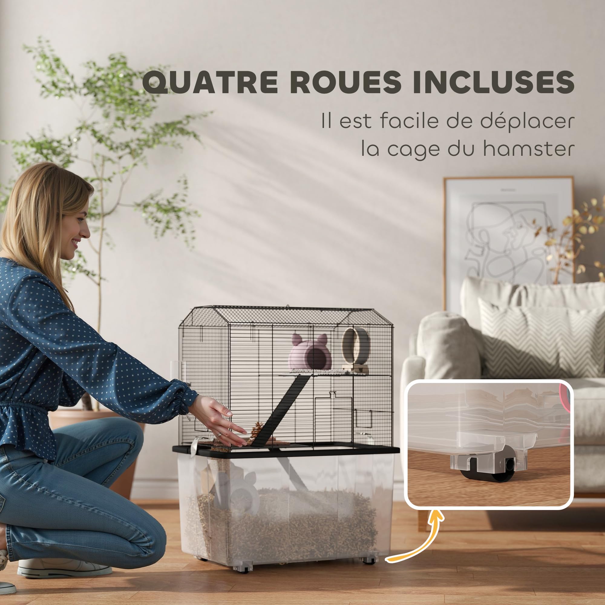 PawHut Cage Hamster, Cage Rongeur, 3 étages, avec roulettes, 2 Plate-Forme et 2 échelle, c, en Fil d'acier, 57 x 43 x 74 cm, Noir