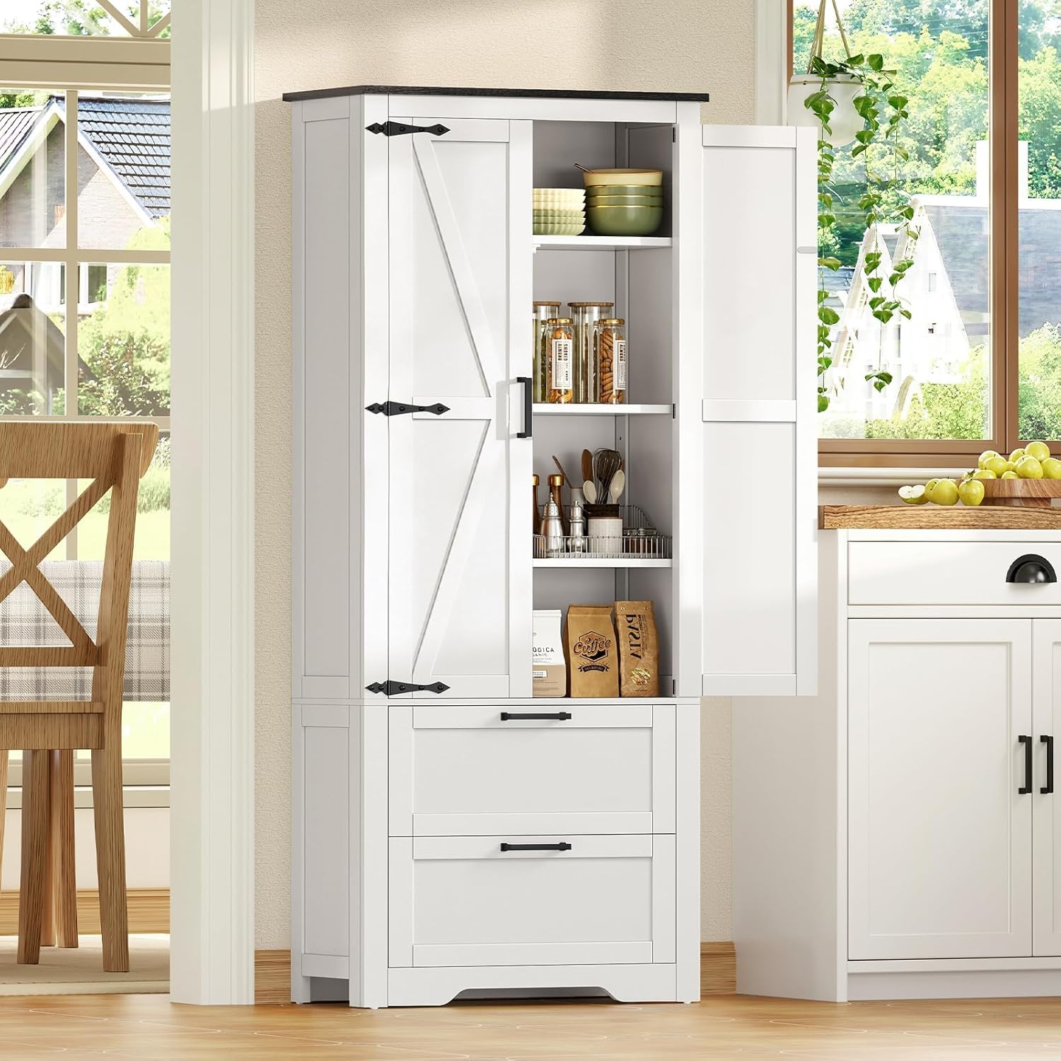 66.2" H Storage Cabinet with 2 Drawers, Farmhouse Kitchen Pantry Cabinet with 2 Doors & Adjustable Shelf, Bathroom Cabinet, for Living Room, Kitchen, Bathroom, White