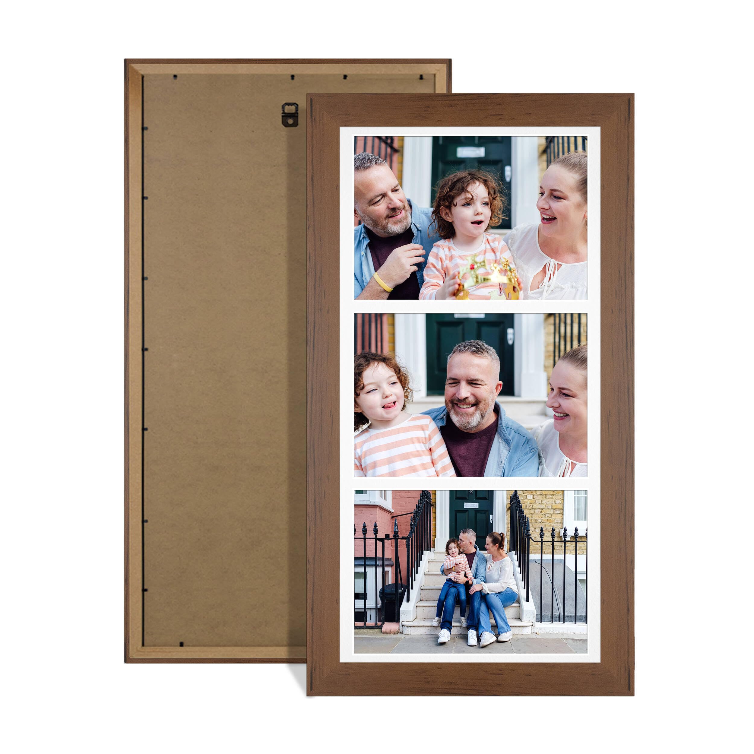 Alison Kingsgate Walnut 16x8 Photo frames for multiple pictures-3 Apertures Collage Frame with White Mount - Holds (3x) 7x5 Photos - Engineered Wood & Perspex — image 1