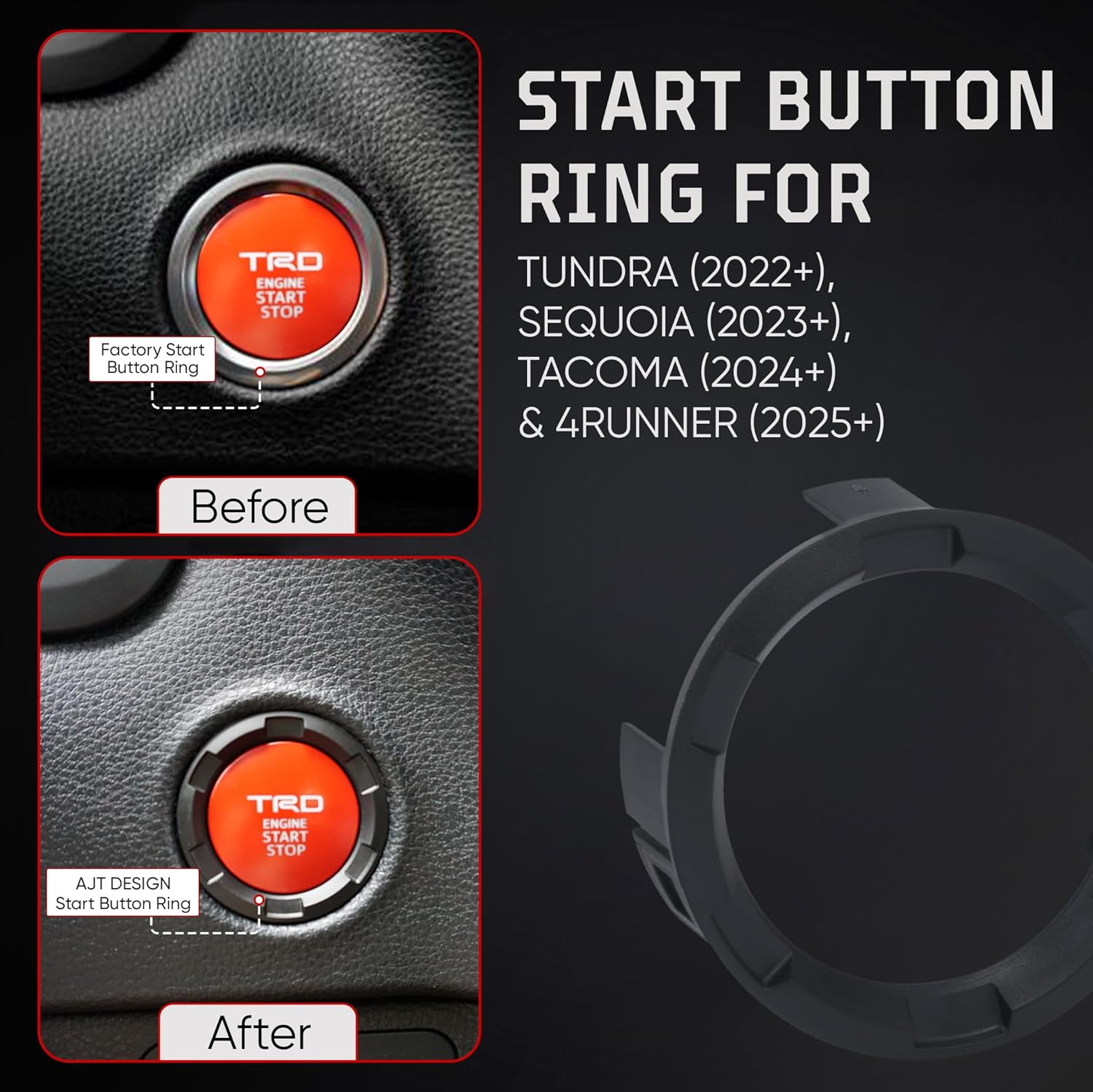 AJT DESIGN Start Button Ring Compatible with Toyota Tundra 2022+,Tacoma 2024+,4Runner 2025+, Sequoia 2023+ | Chrome Delete Finish | Impact Resistant Plastic Push Button Ring | Made in USA - Black