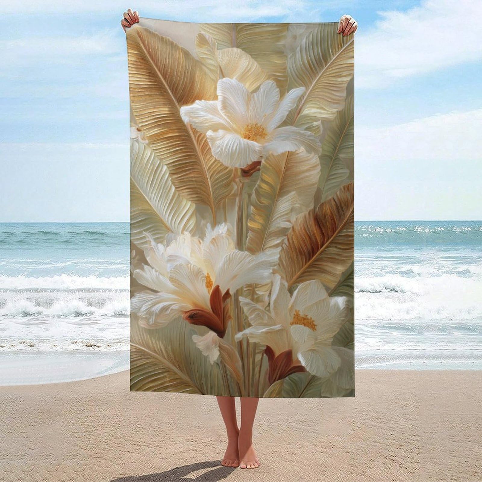 asbwuo White and Gold Banana Leaves Large Flowers Beach Towel