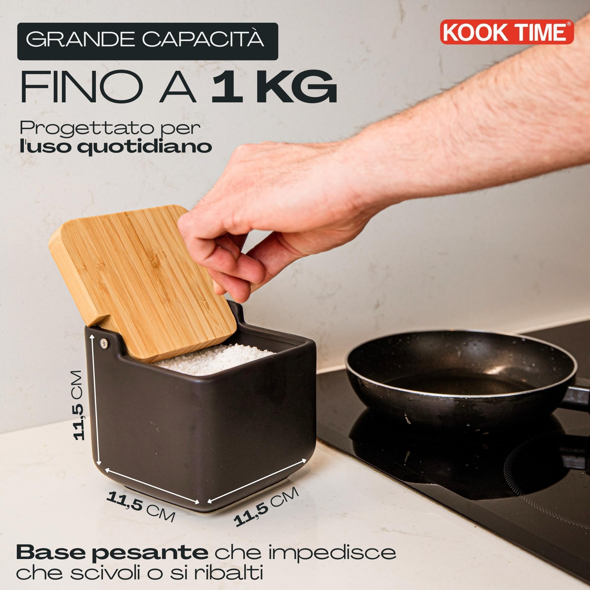 Porta sale grosso e fino, Barattoli sale per cucina o tavolo in ceramica con coperchio girevole in bambù ecologico, Barattolo sale grosso e fino, Dimensioni 11,2 x 11,2 x 11,2 cm. Nero