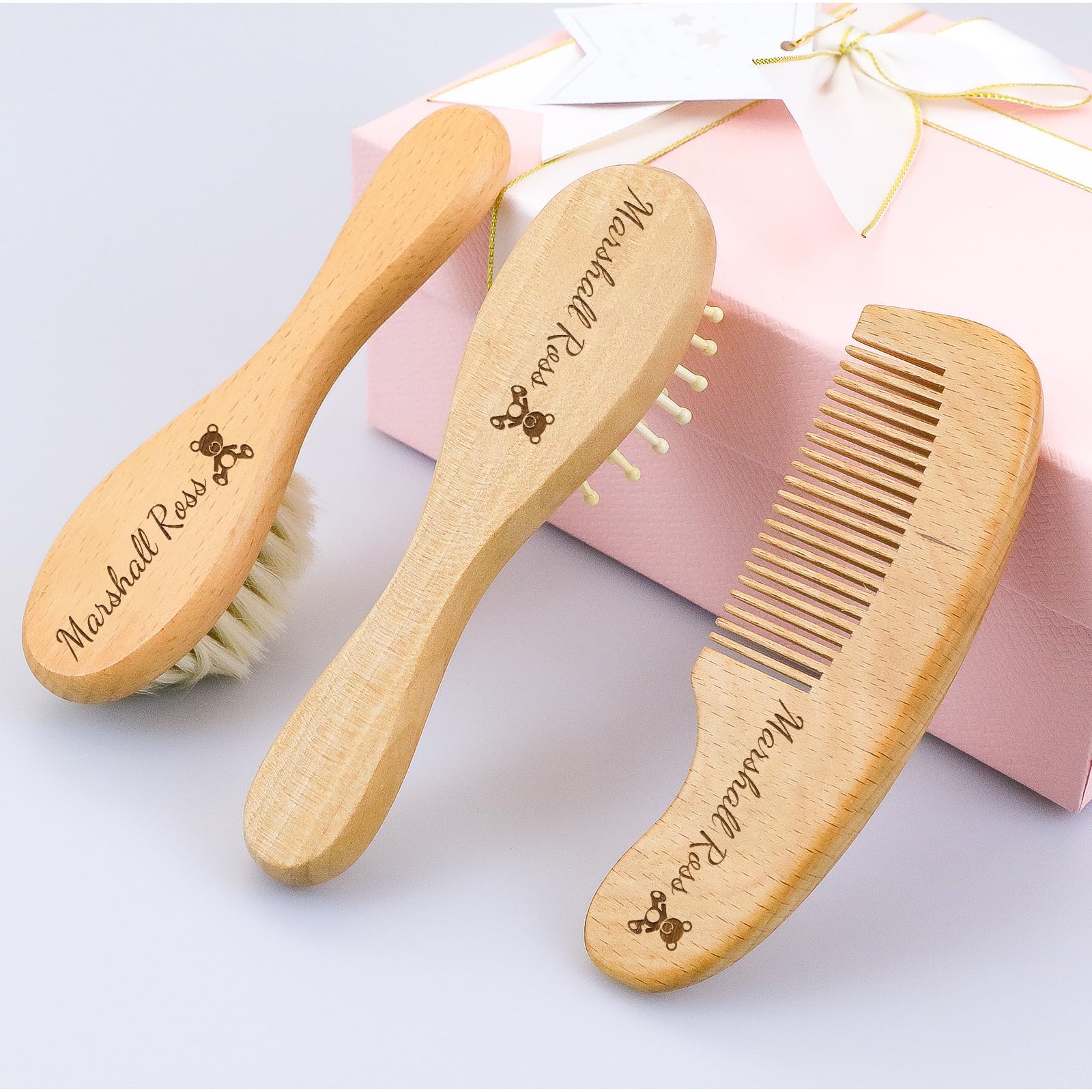 Personalized Wooden Baby Hairbrush with Soft Goat Bristles - Custom Set for Cradle Cap Care for Baby Registry