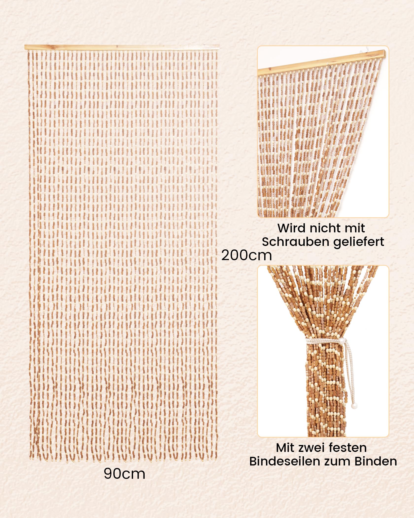 Rideau de Perles en Bois 90x200cm - 45 brins Porte en Perles de Bambou Rétro - Fabrication à la main Séparation Décorative comme moustiquaire pour Chambre à coucher Salon Maison