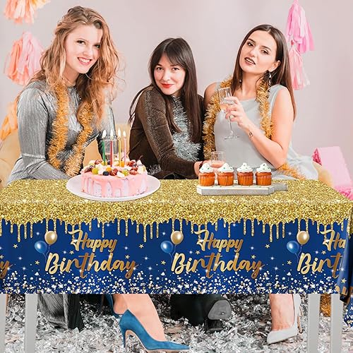 Miniatura 3 de Mantel de feliz cumpleaños, 3 manteles azul marino y dorado para fiestas, decoración de cumpleaños con purpurina para mujeres y hombres, suministros