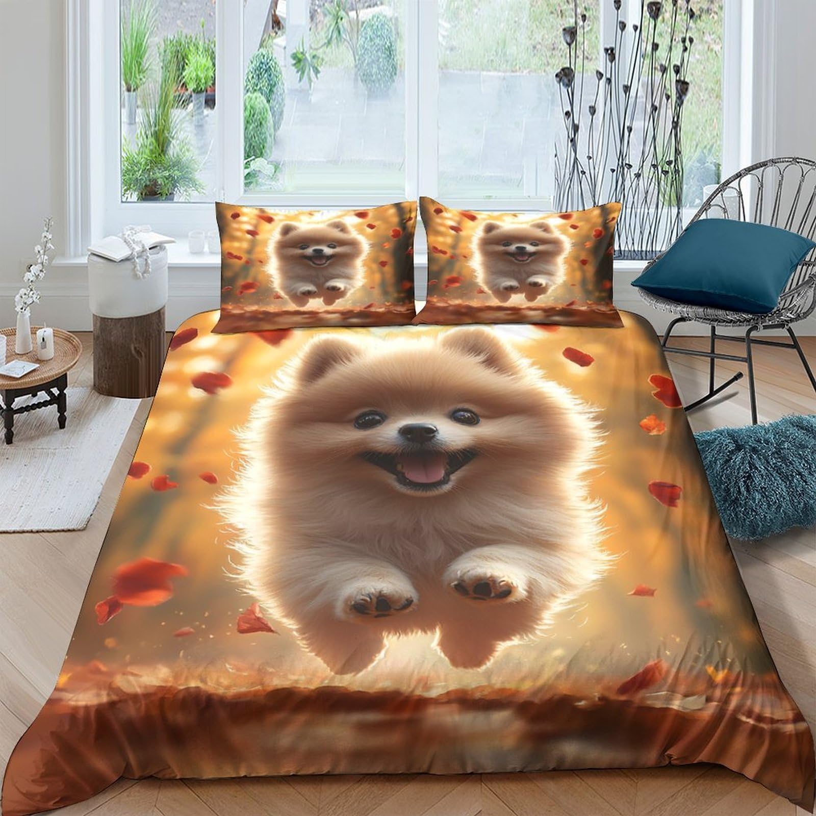 Ctjqhvkz Style-10 3D Printed Fluffy Dog Autumn Leaves Fitted Sheet Microfiber Soft Mattress Cover For Bedroom Guest Room Decor Single（135X200cm）