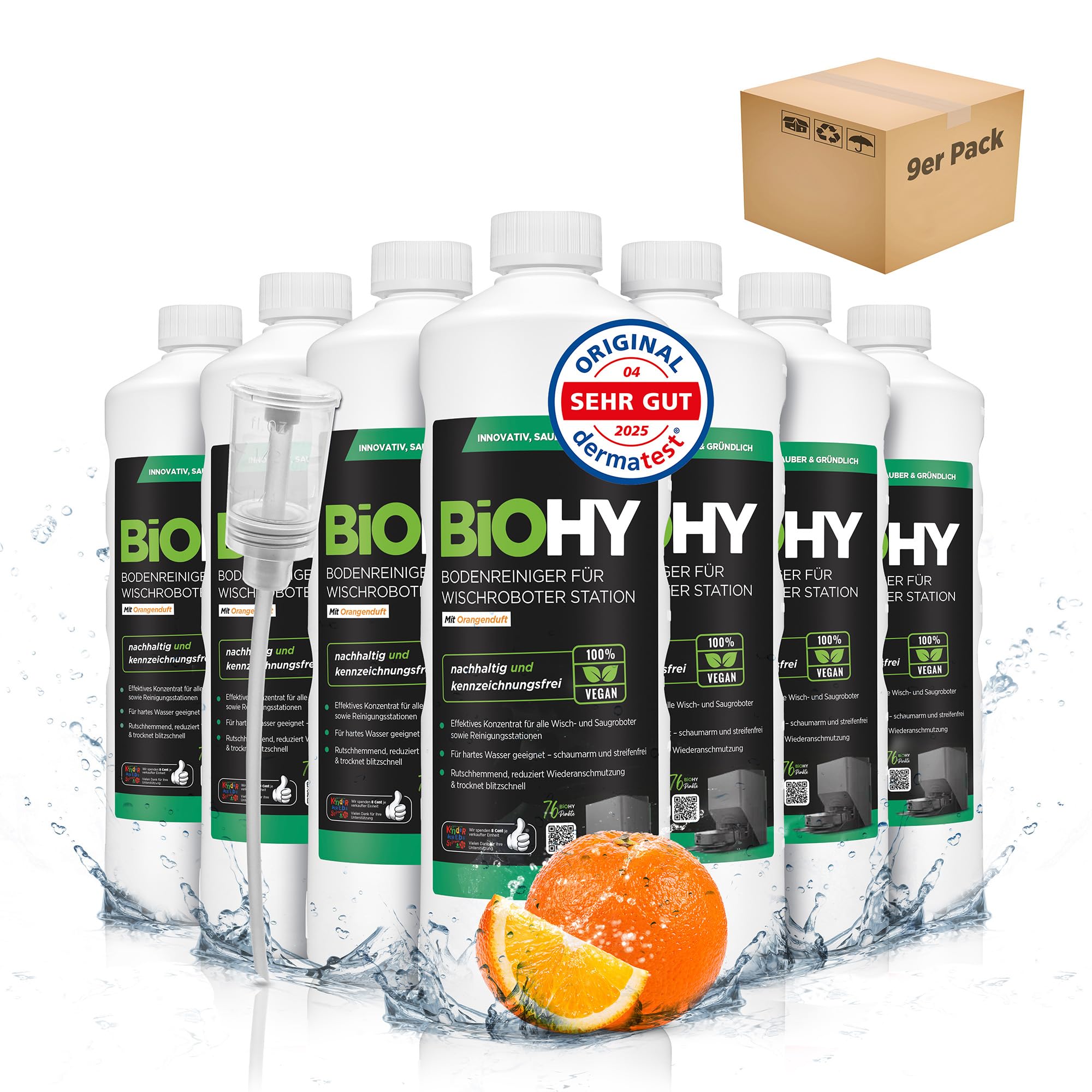 BiOHY Limpiador de suelos para robot de limpieza con aroma a naranja (9 x 1 litro) + dosificador, concentrado de limpieza para todos los robots de limpieza con función húmeda, sin espuma y sin rayas