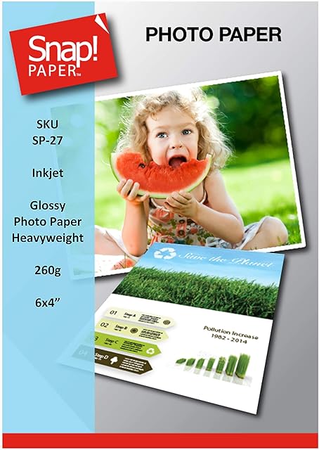 SNAP Inkjet 6x4 (10x15cm) Glossy Photo Paper 260gsm Heavyweight Premium Instant Dry and Water Resistant x 50 Sheets SP-27-50