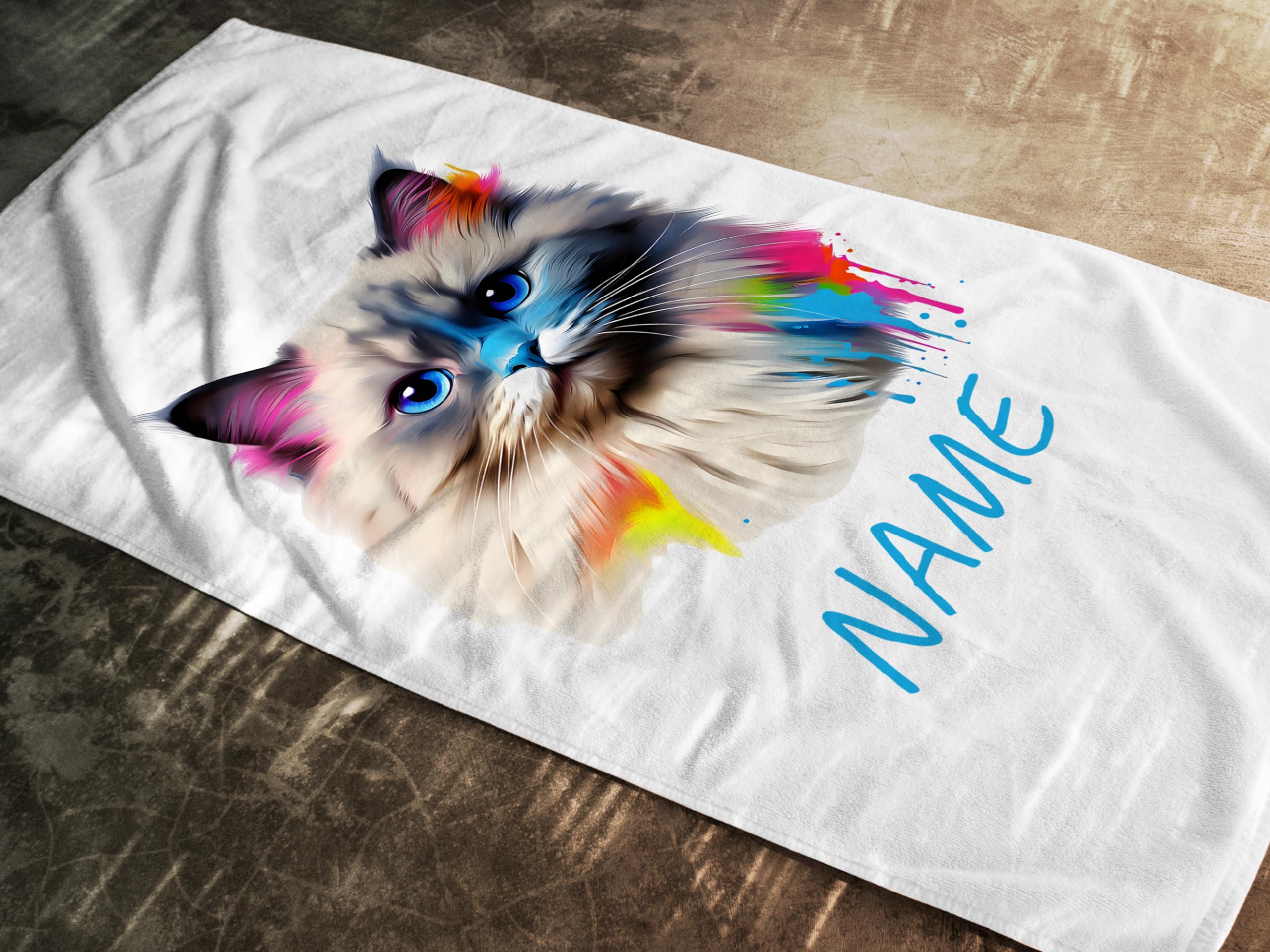 GRAZDesign Asciugamano per bambini e adulti con nome, gattino su telo, telo da spiaggia, telo doccia per bambini e adulti – 140 x 70 cm