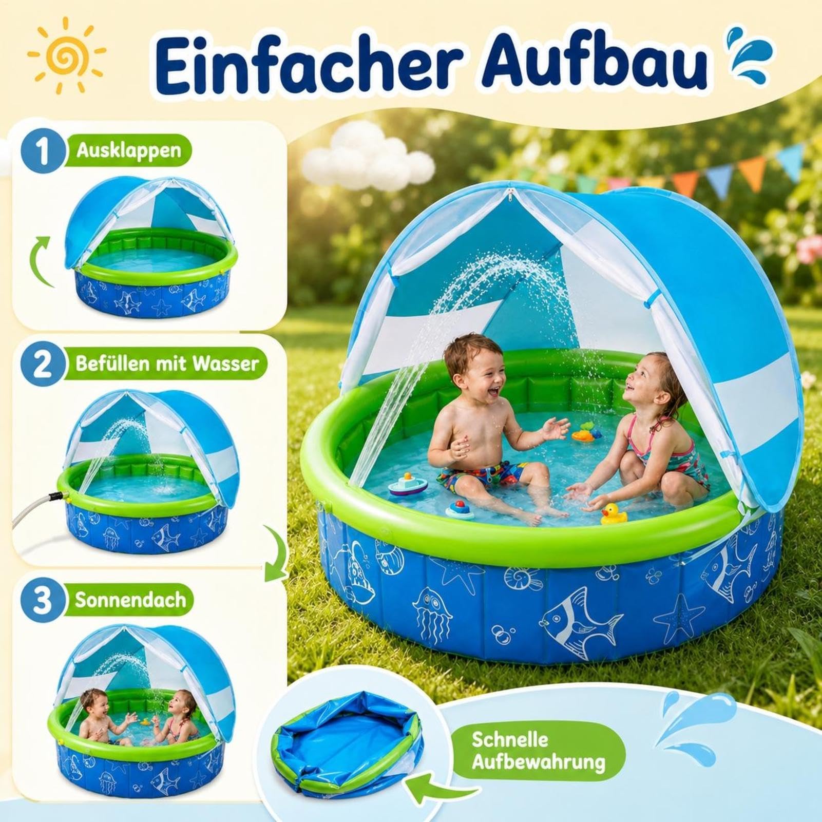 Kinderpool Mit Sonnendach - Faltbares Planschbecken | UV Schutzdach | 100 X 100 X 30 Cm - Faltbar Mit Tragetasche | UV Schutz Und Sichtfenster | Für Garten Camping Park Und Reisen