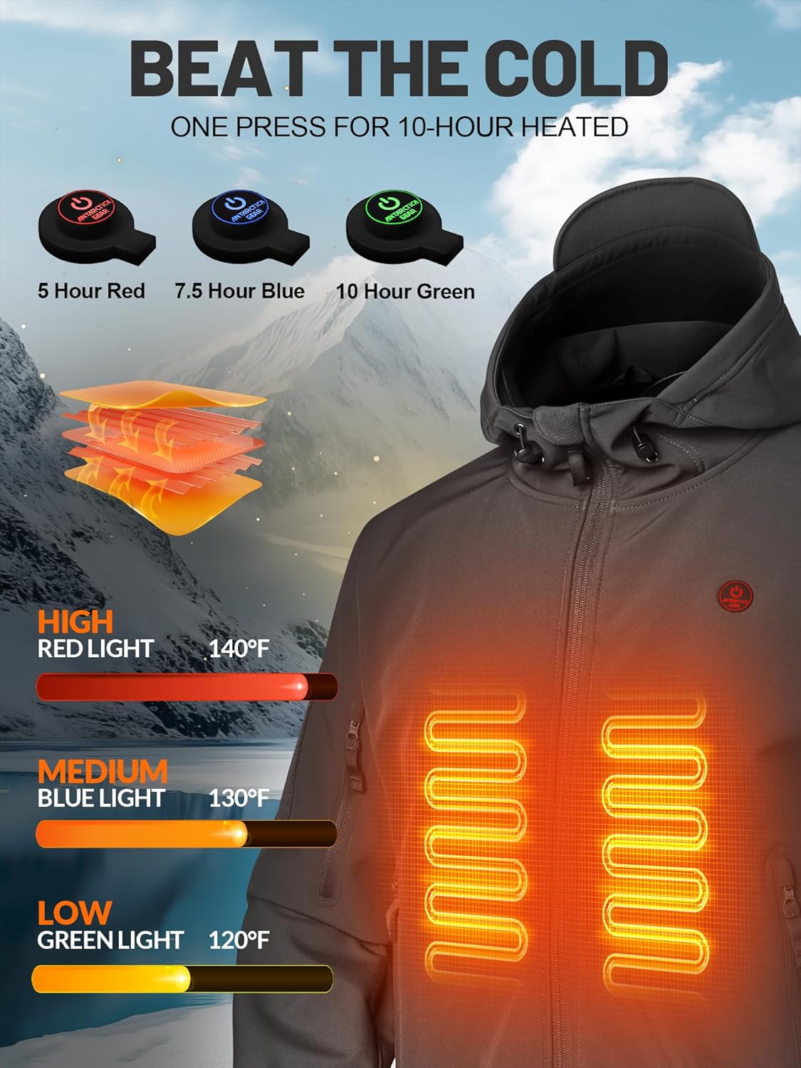 ANTARCTICA GEAR Men's Heated Jacket with 12V 15000mAh Battery, Water-Resistant Winter Softshell Hooded Coat - Image 4