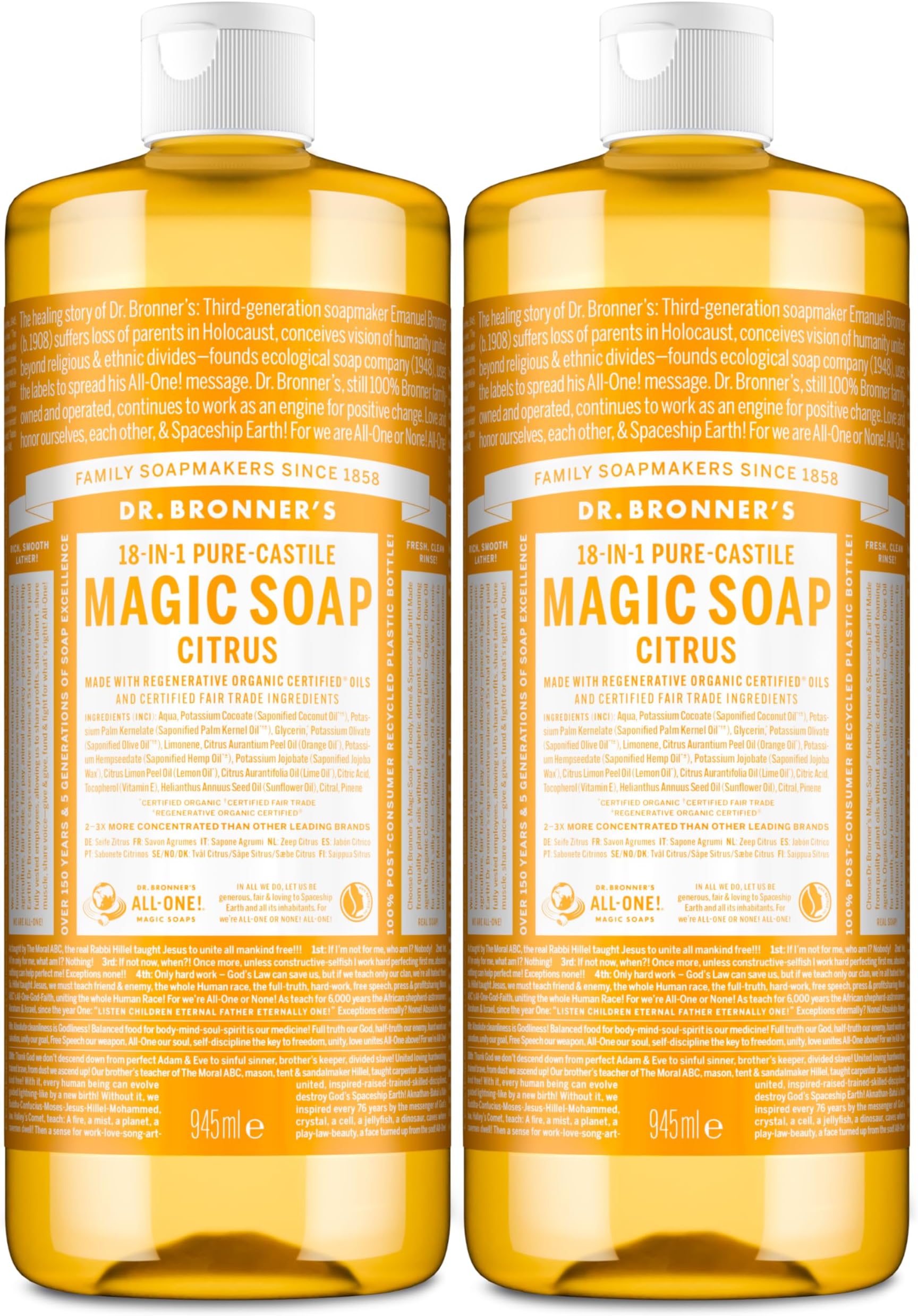 Dr Bronner's 18-in-1 Citrus-Orange All-one Magic Soap, Made with Organic Oils, Used for Face, Body, Hair, Laundry, Pets and Dishes, Certified Fair Trade & Vegan Friendly, 946ml Recycled Bottle