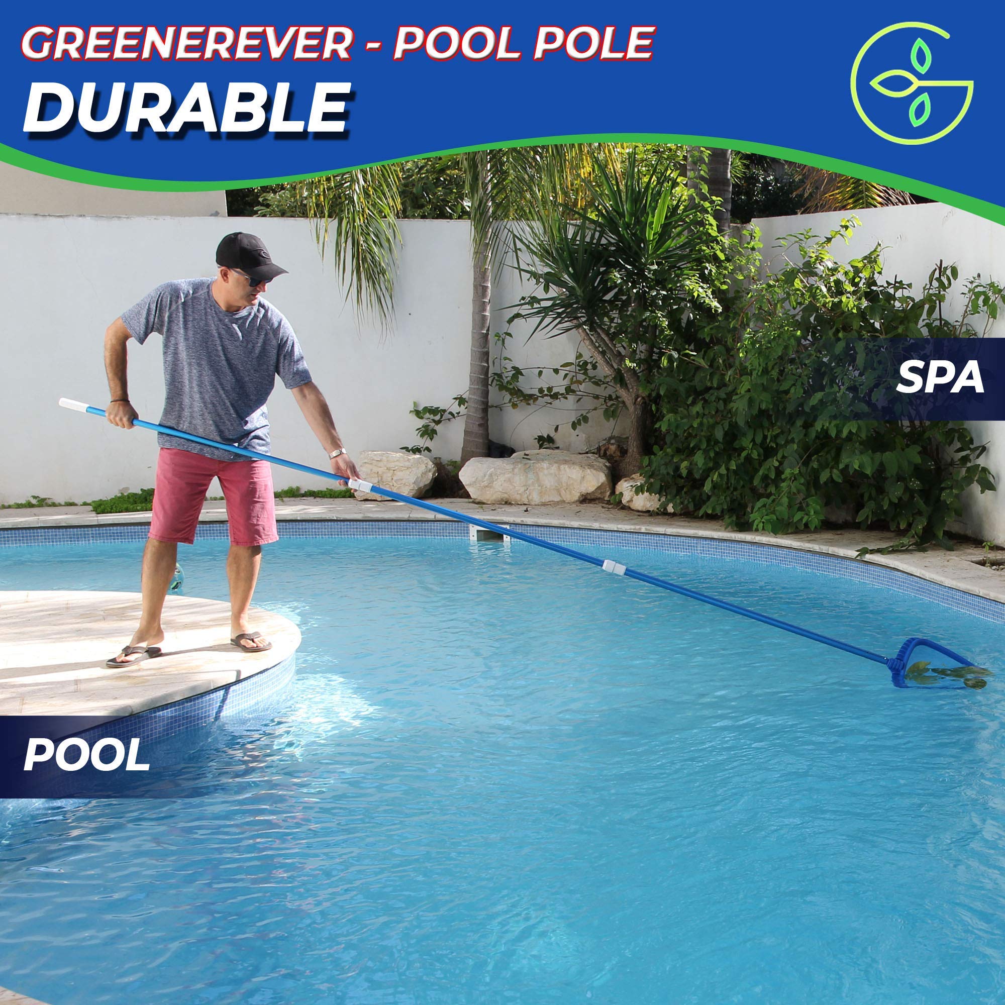 Greenerever 12 Foot (3.6m) Swimming Pool Pole Telescopic Aluminum Rod for Skimmer Nets Vacuum Heads with Hoses Rakes Brushes | Adjustable Length | 1.1mm Commercial Thick Pole | Ribbed Finish Blue