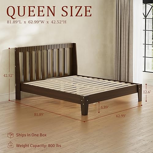 Miniatura 2 de Base de cama de madera tamaño Queen, cabecero alto acanalado con alas curvas, marco de cama de plataforma moderna de mediados de siglo con soporte