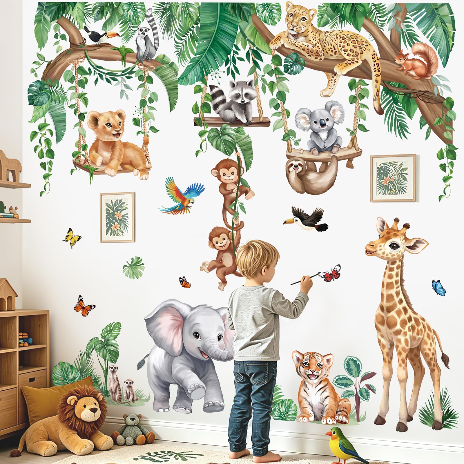 wondever Safari Animals Wall Decals Jungle Elephant Giraffe Wall Stickers