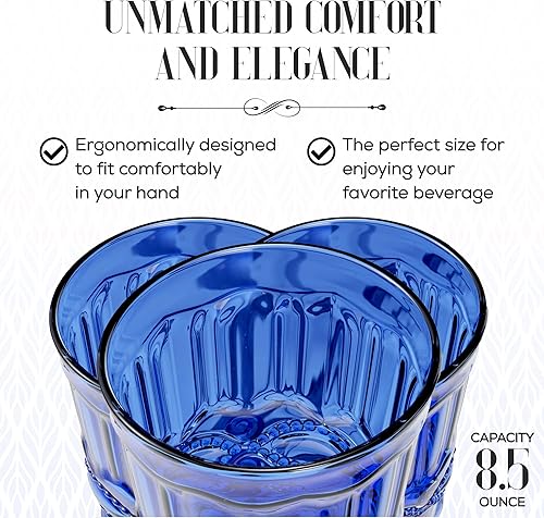 Miniatura 4 de elle decor - Vasos de vidrio, juego de 6, diseño de vidrio azul, 8.5 onzas, vasos de agua para jugos, bebidas, bebidas y té helado, aptos para