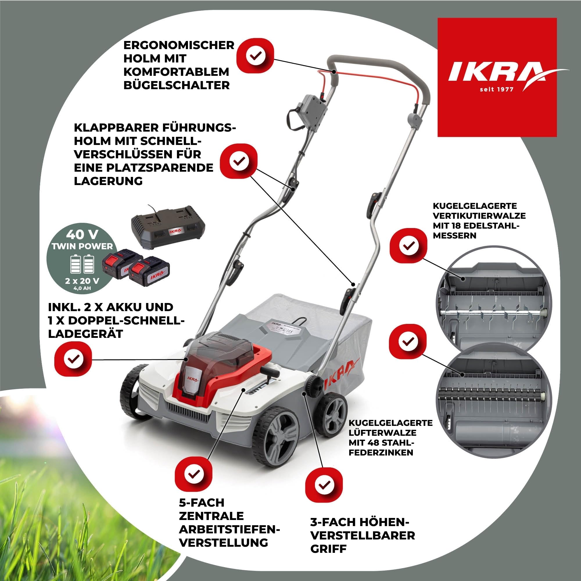 IKRA Akku Vertikutierer Rasenlüfter 3in1 IAVL 2-2040, Arbeitsbreite 40cm | Inkl. 2x Akku 20V 4,0Ah & Schnelllader, Fangkorb 40l, +12 bis -3mm, werkzeugloser Walzenwechsel, 20V-Akku-Familie von IKRA