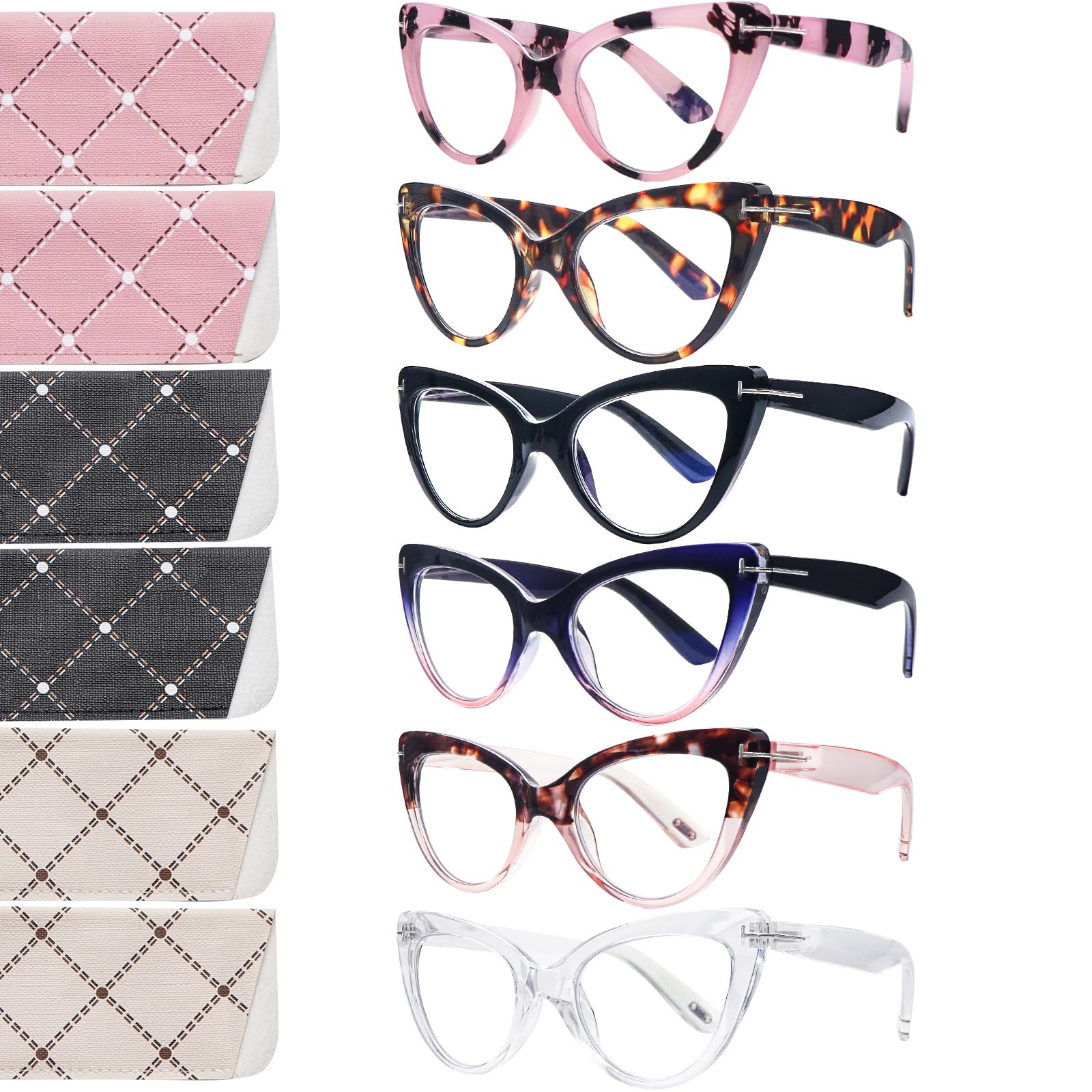 BONCAMOR 6 Pack Fashion Cat Eye Reading Glasses for Women Blue Light Blocking Oversized Spring Hinges Computer Readers