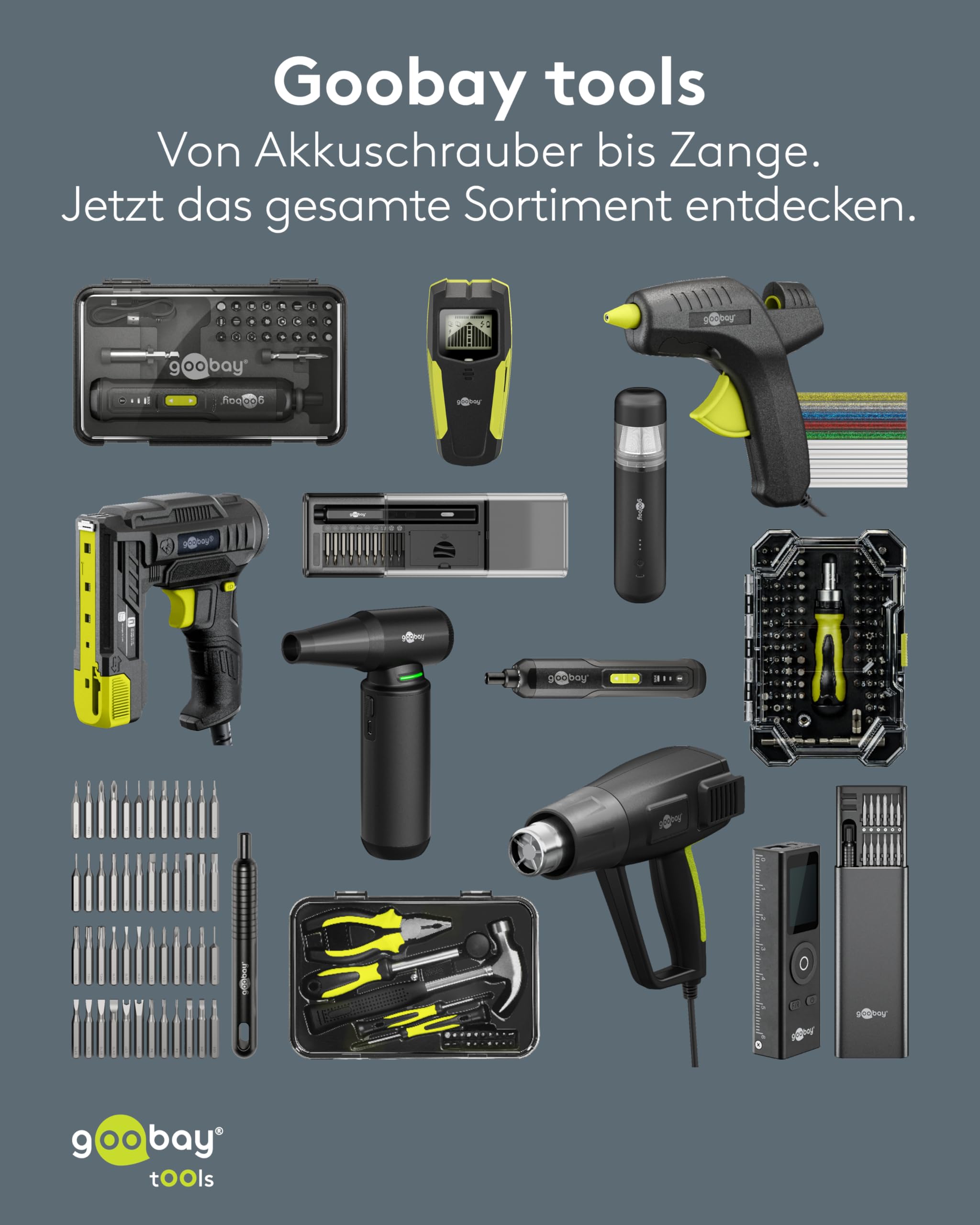 goobay Elektrischer Akkuschraubendreher 58in1 mit 50 Präzisions-Bits, magnetischem Aluminium-Case, 3 Drehmomentstufen, LED-Licht, USB-C-Ladung, Werkzeug-Set für Elektronik, Smartphone & PC