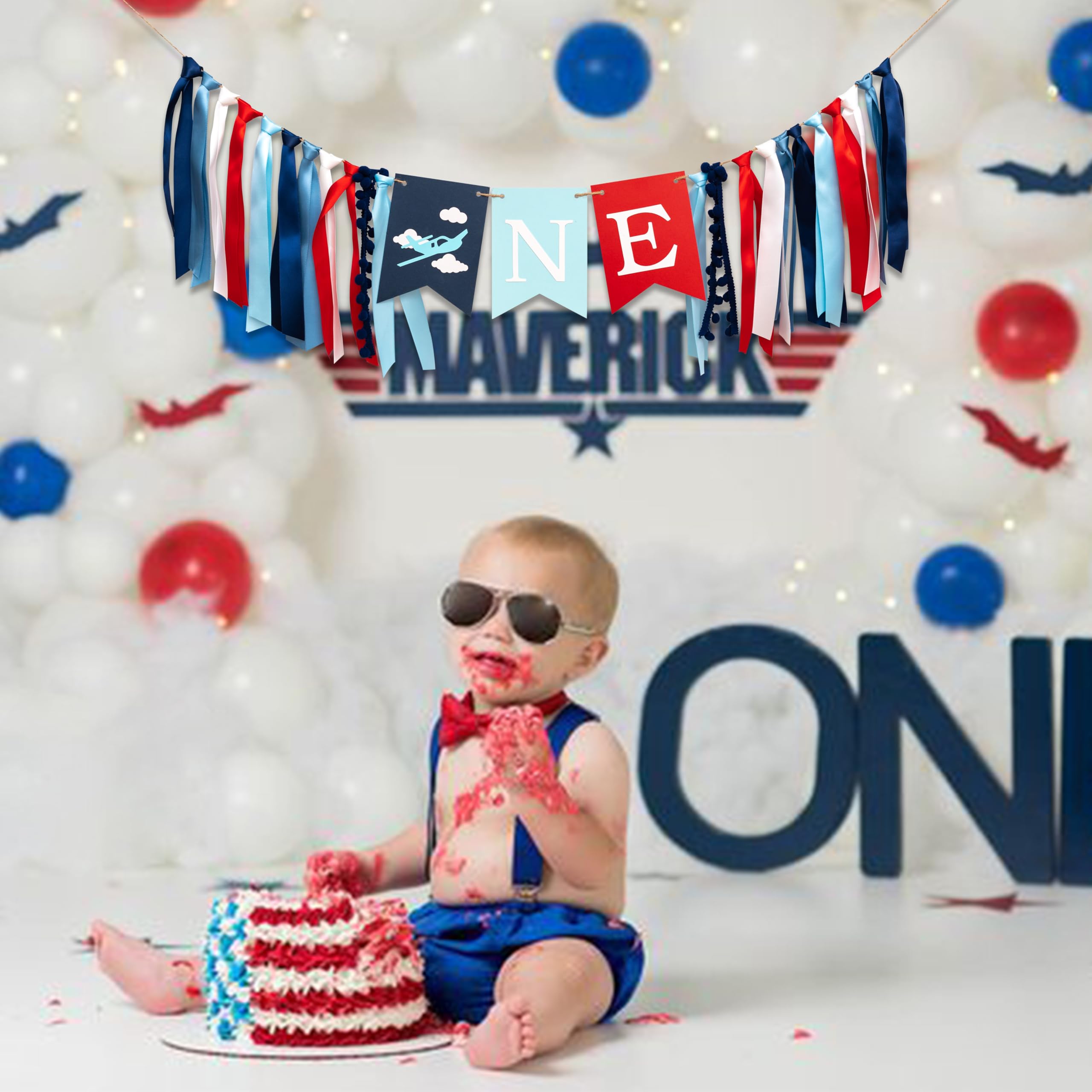 Airplane Themed Highchair Banner With Tassels | 8x7 Inch First Birthday Party Decor With Wooden Beads