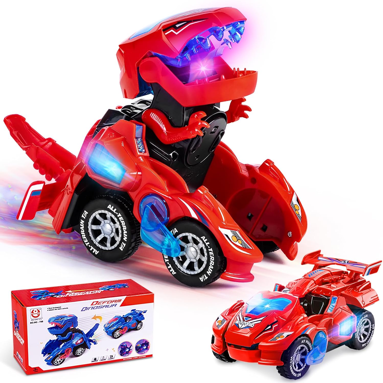 Dinosaur Transforming Car, Dino Toys with Flashing Lights & Sound for Boys Girls Age 3-7 Automatic Electric Transform Cars Toy Birthday Xmas Gifts for Kids 3 4 5 6 7 Years Red
