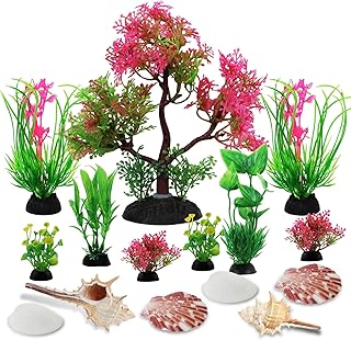 QUOZUO Aquarium Plants with Natural Shells, 15pcs Fish Tank Decoration Colorful Artificial Fish Tank Decor Plants Aquarium Decorations for Household and Office