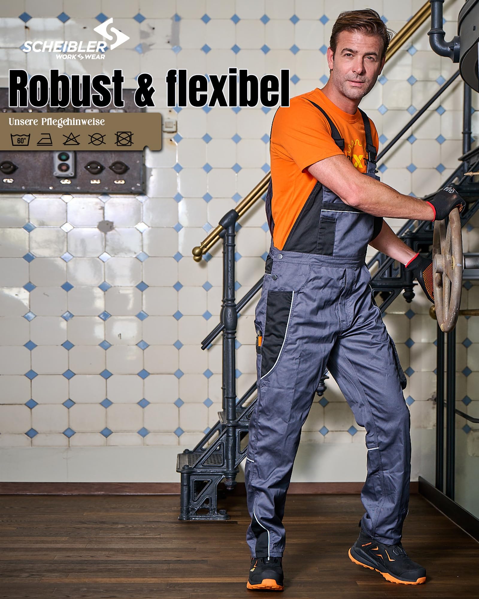Scheibler Arbeitshosen Männer Reflektierende Workwear Active Latzhose Herren Schnittschutzhose mit elastischen Trägern & vielen Taschen