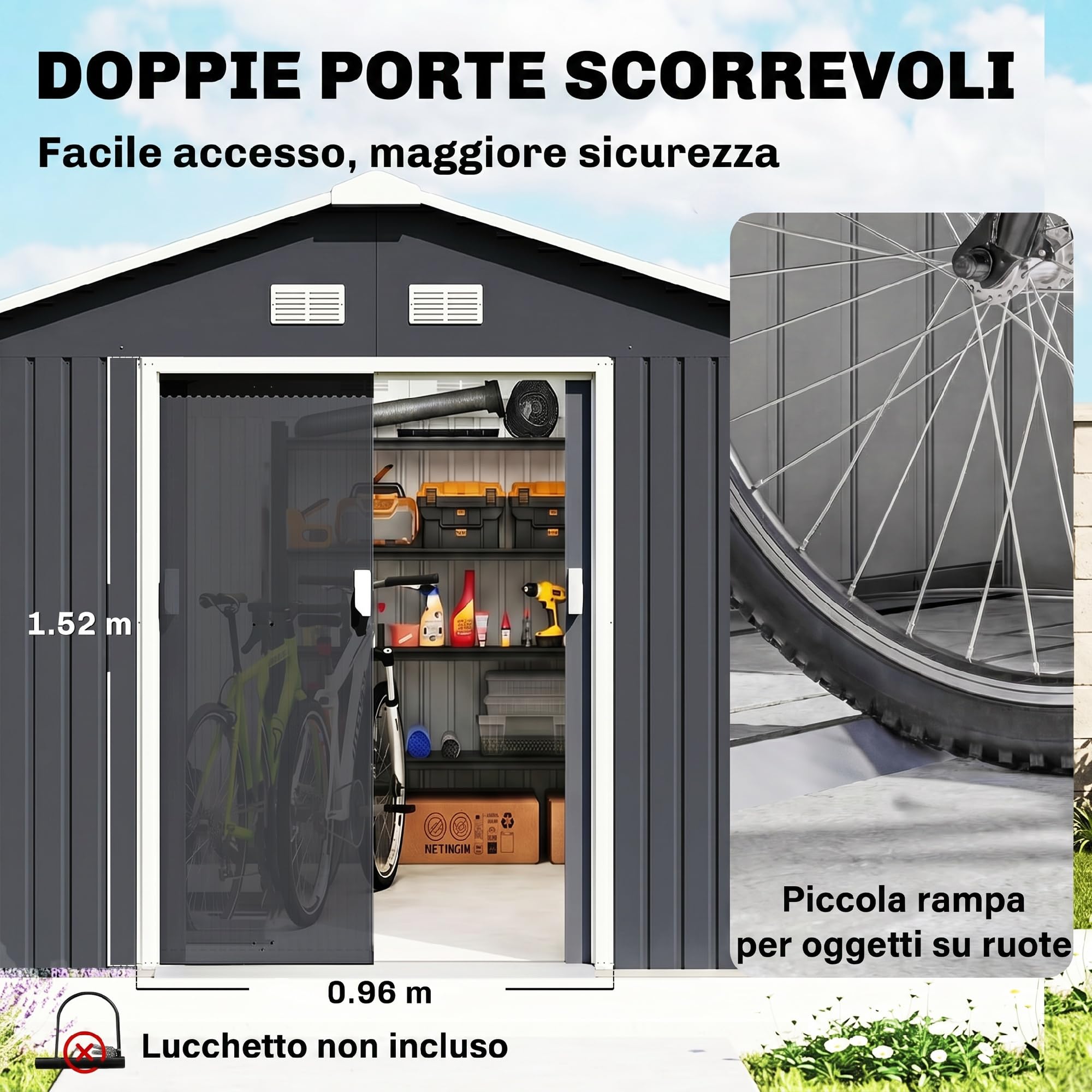 Outsunny Casetta da Giardino in Lamiera d'Acciaio 8.3 m² con 2 Porte Scorrevoli 277x322x192 cm Grigio Scuro