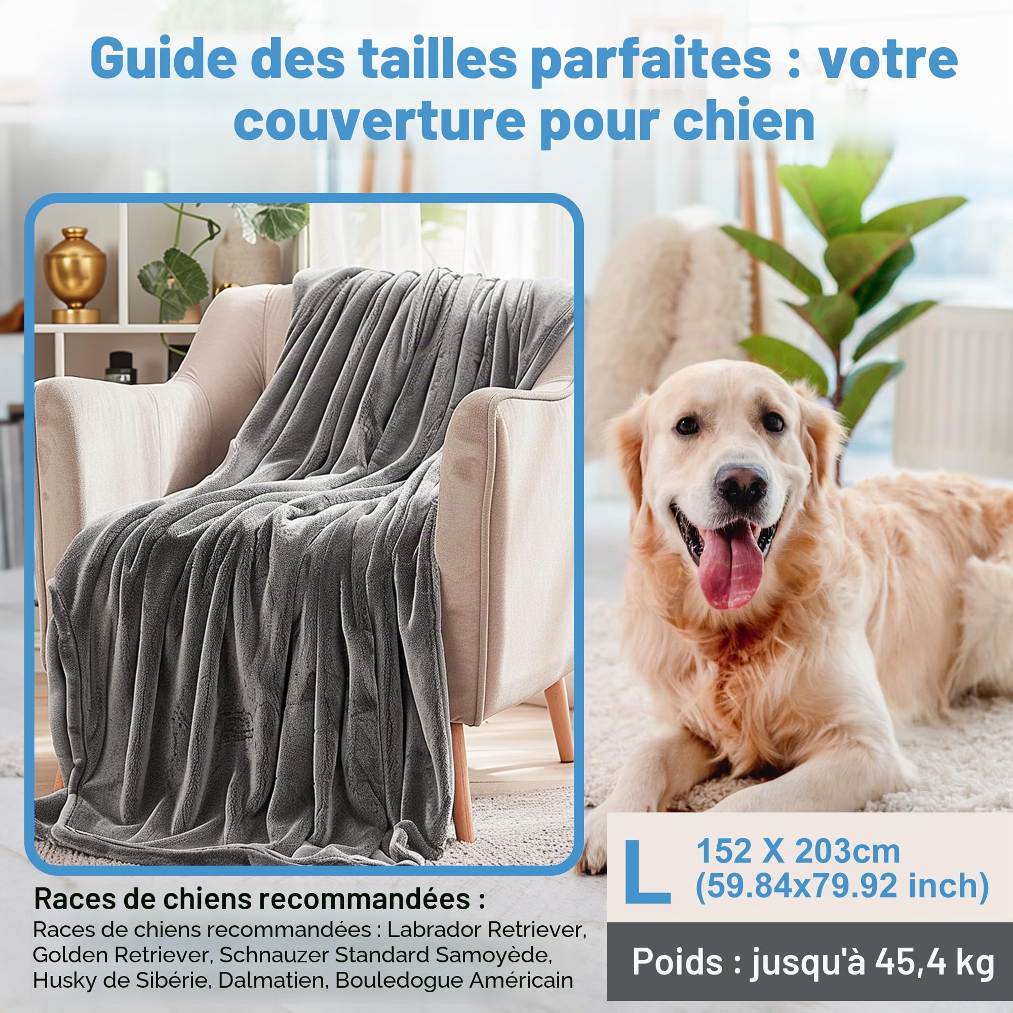 Couverture Imperméable pour Chien 152x203 cm, Plaid pour Animaux en Flanelle Lavable pour Canapé et Lit, Antidérapant, Protecteur de Meubles pour Chiens et Chats de Petite à Arande Taille