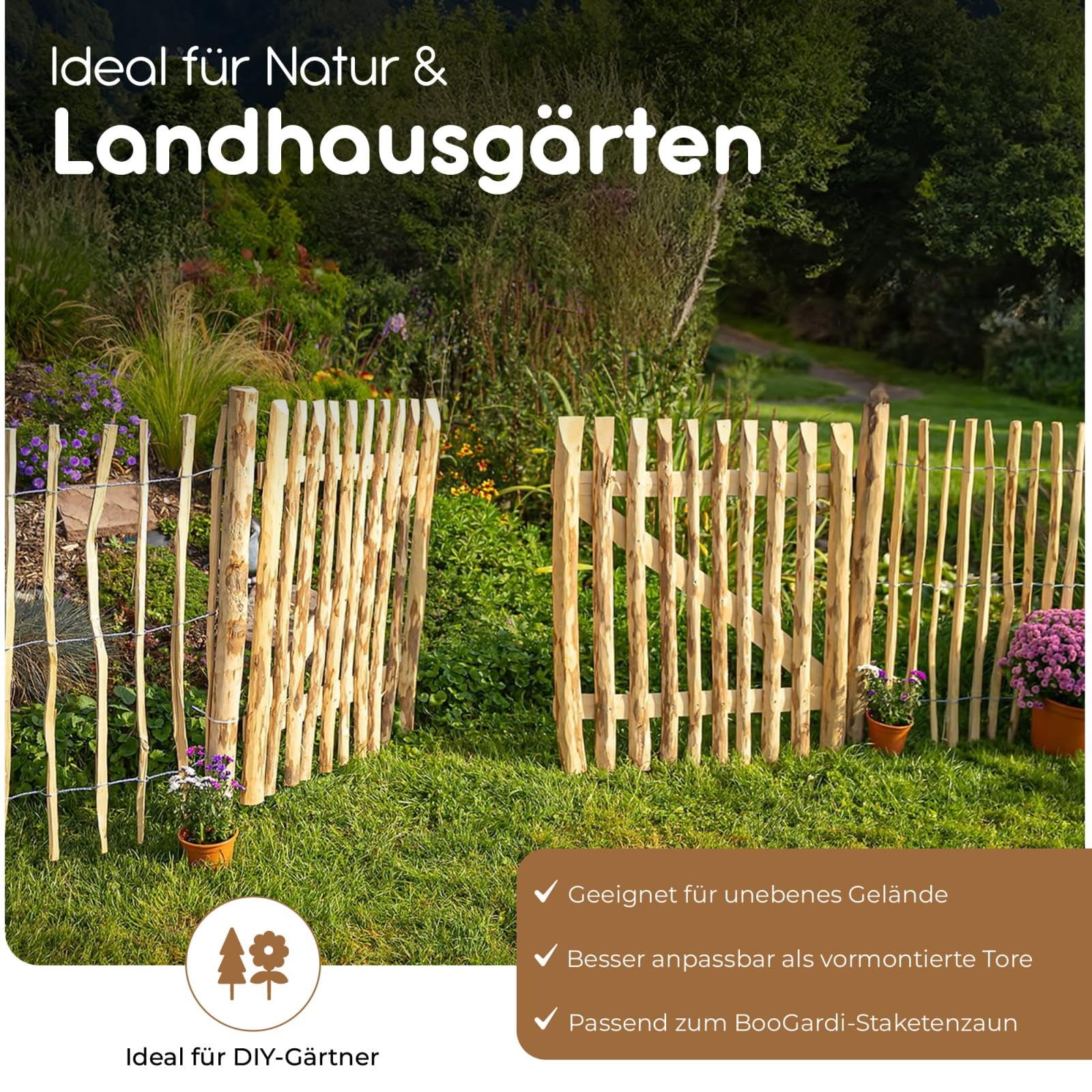 BooGardi Puerta de jardín de madera, 168 tamaños hasta 3 m, ancho de 80 cm, altura de 60 cm, distancia entre listones de 7 a 9 cm, puerta de estacas avellana, puerta de puerta de jardín