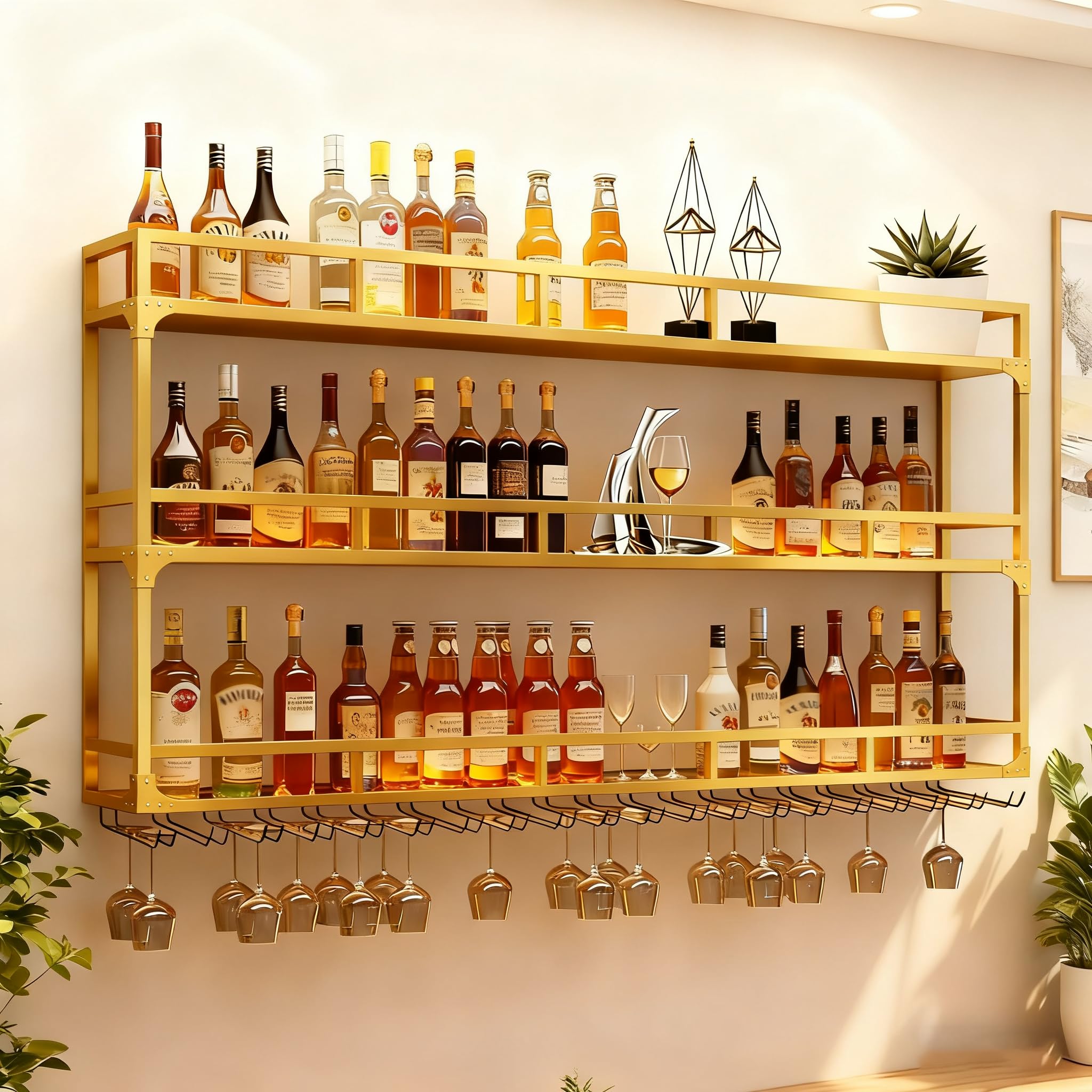 – Wall Mounted Wine Rack, 3 Tiers Bar Unit Wall Wine Display Racks, Hanging Wine Bottle Metal Display Storage Organizer,for Dining Room, Kitchen, Living Room (gold, 100cm)